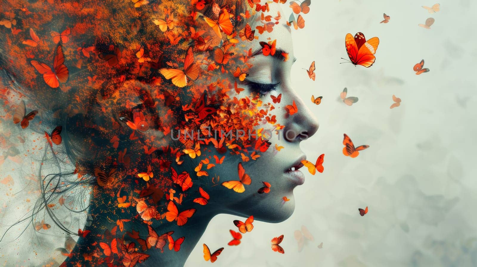 A woman with a butterfly face and orange hair