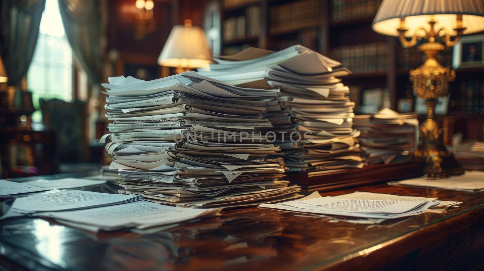 A towering stack of papers dominates the rustic wooden desk, creating an impressive display of work and information.