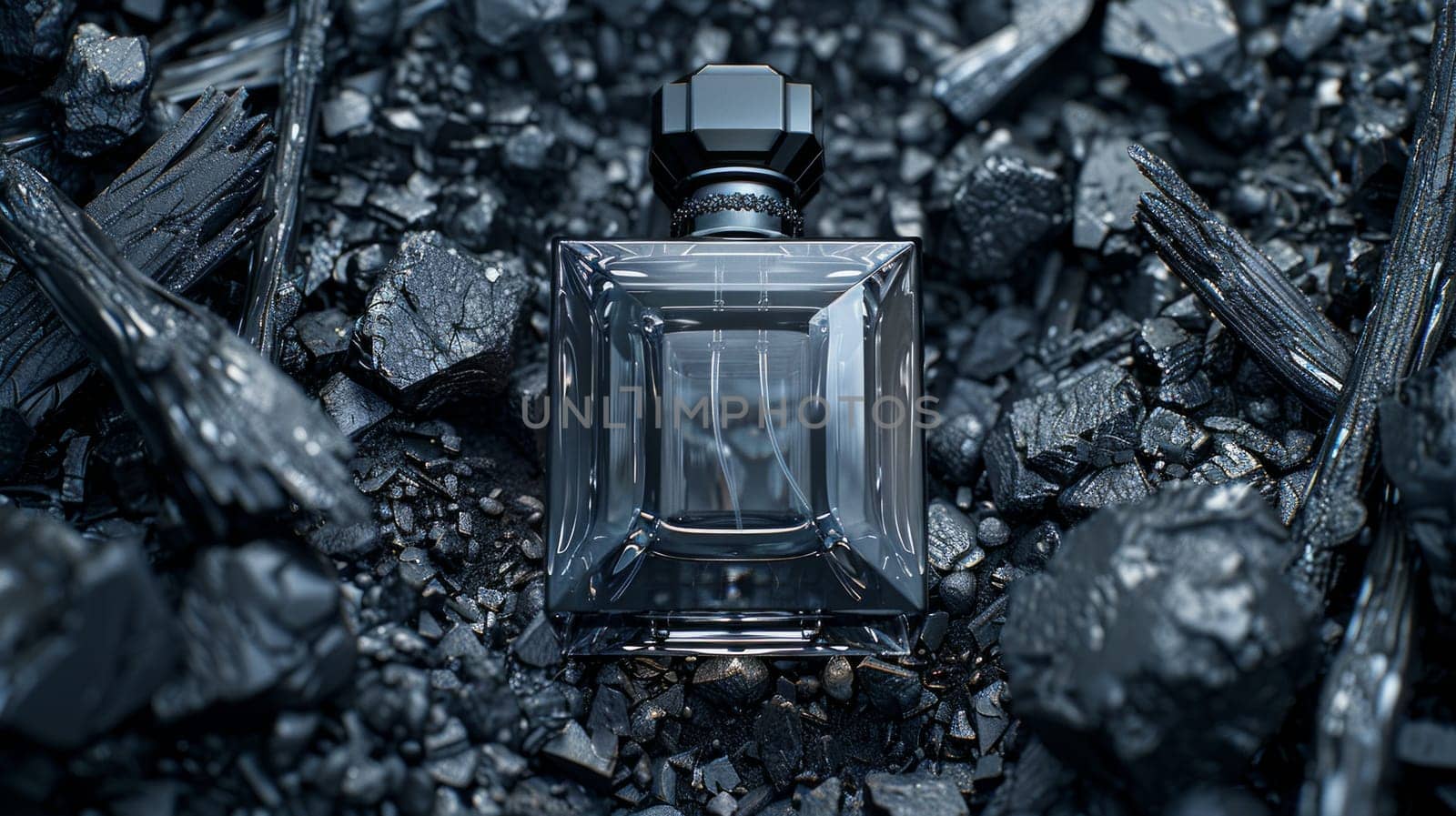 A bottle of perfume delicately rests atop a mound of rugged rocks, creating a striking contrast between elegance and raw nature.