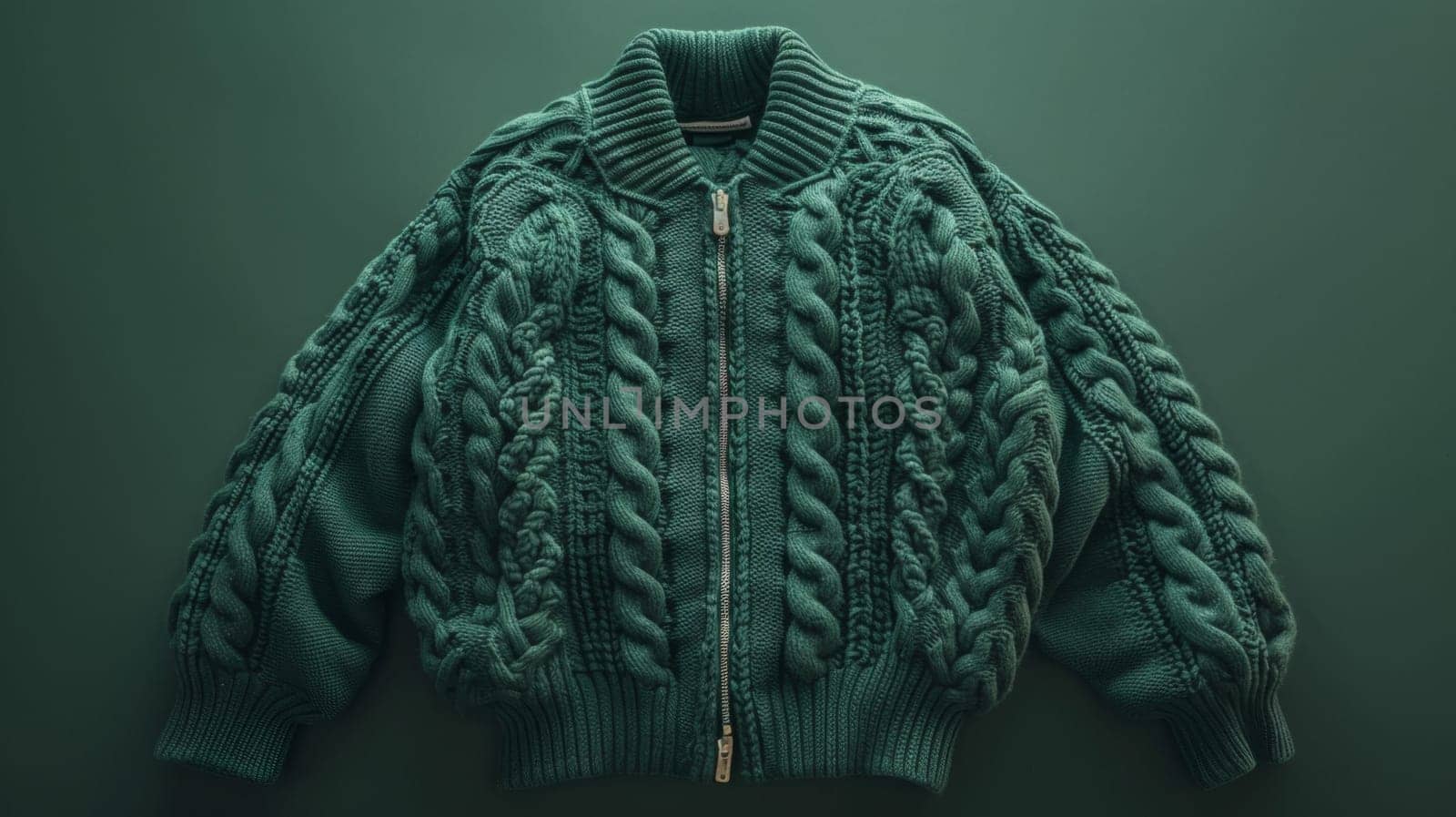 A green sweater with a zipper on the front of it