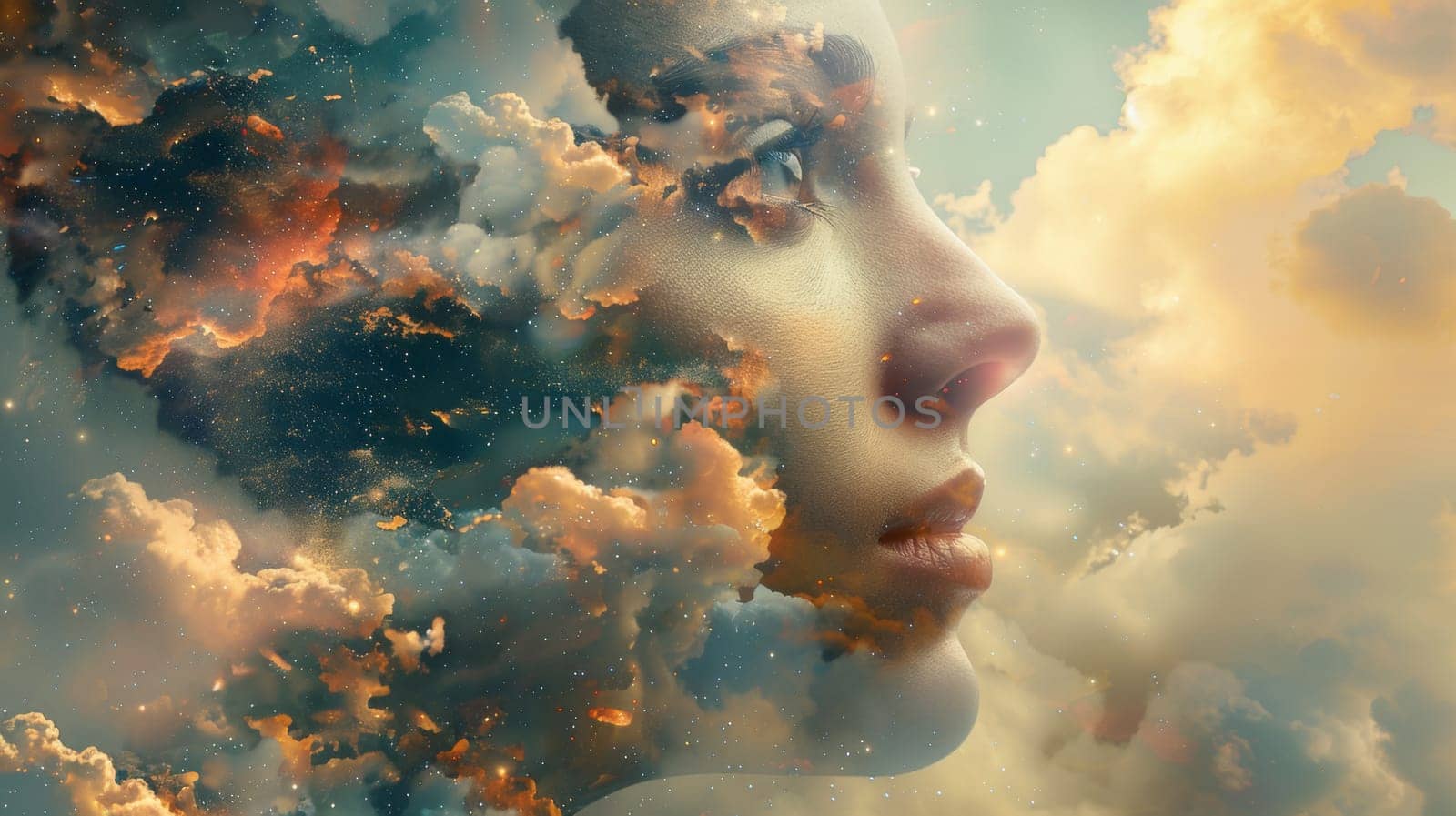 A woman's face is shown in a cloud filled sky