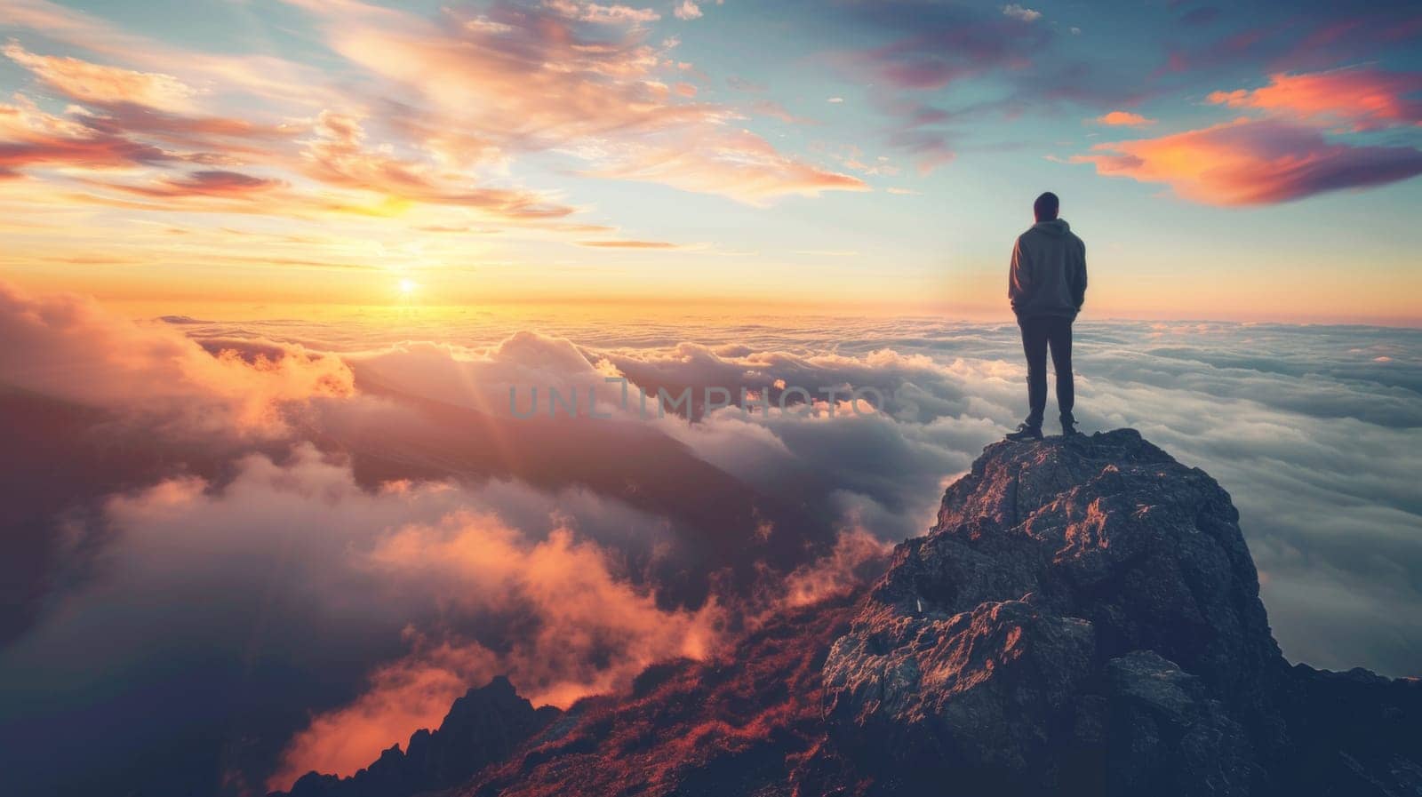 A man standing on top of a mountain looking out over the clouds