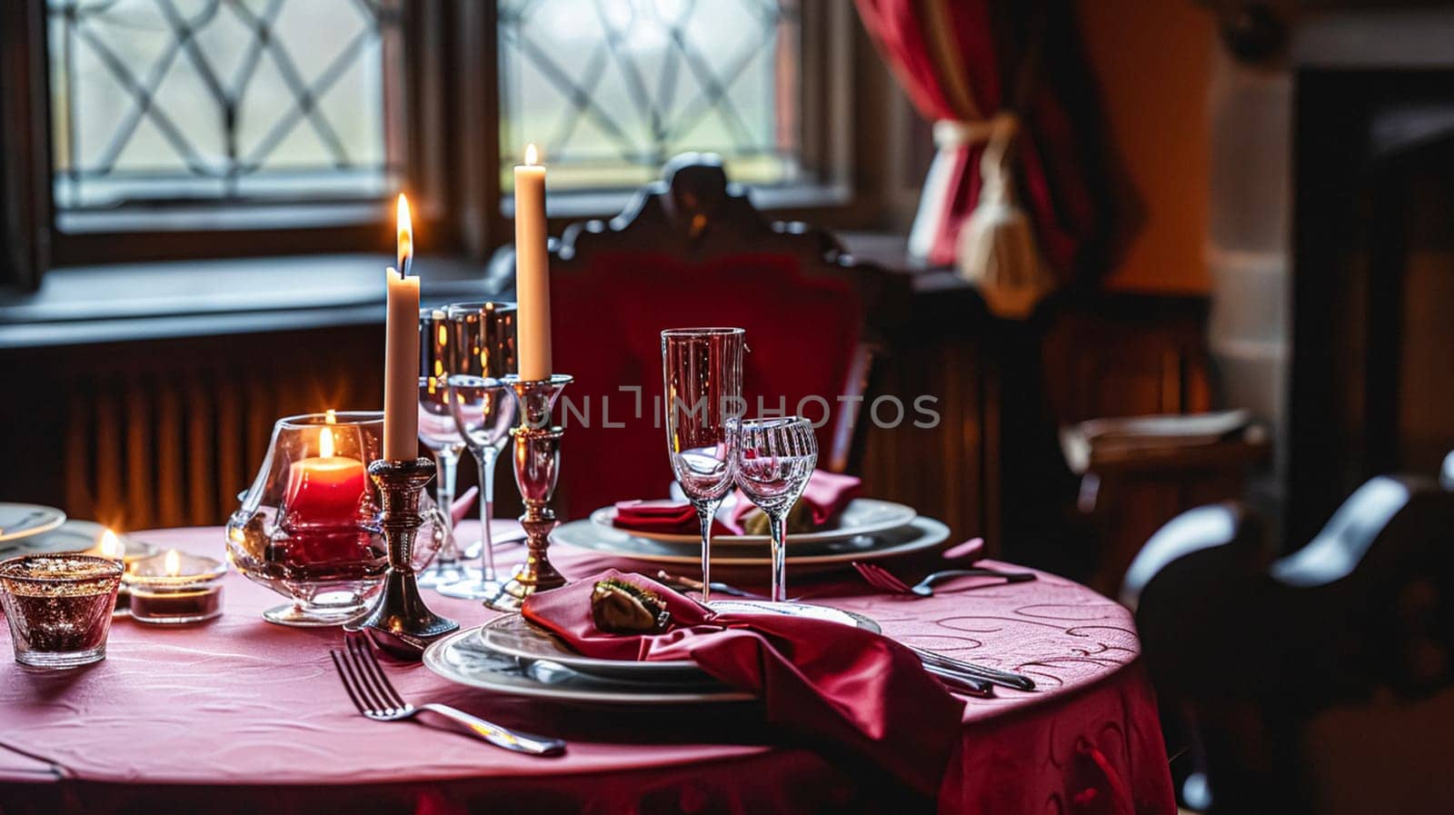 Festive table setting with cutlery, candles and beautiful red flowers in a vase.