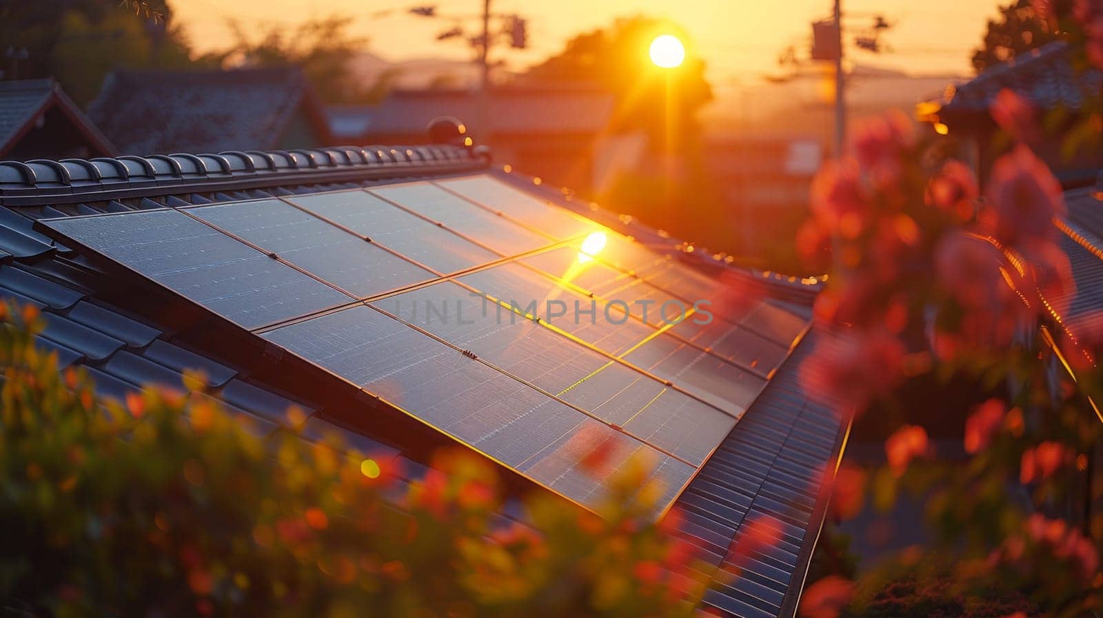 A solar panel absorbs the suns final rays on a rooftop at sunset, harnessing renewable energy for a greener world.