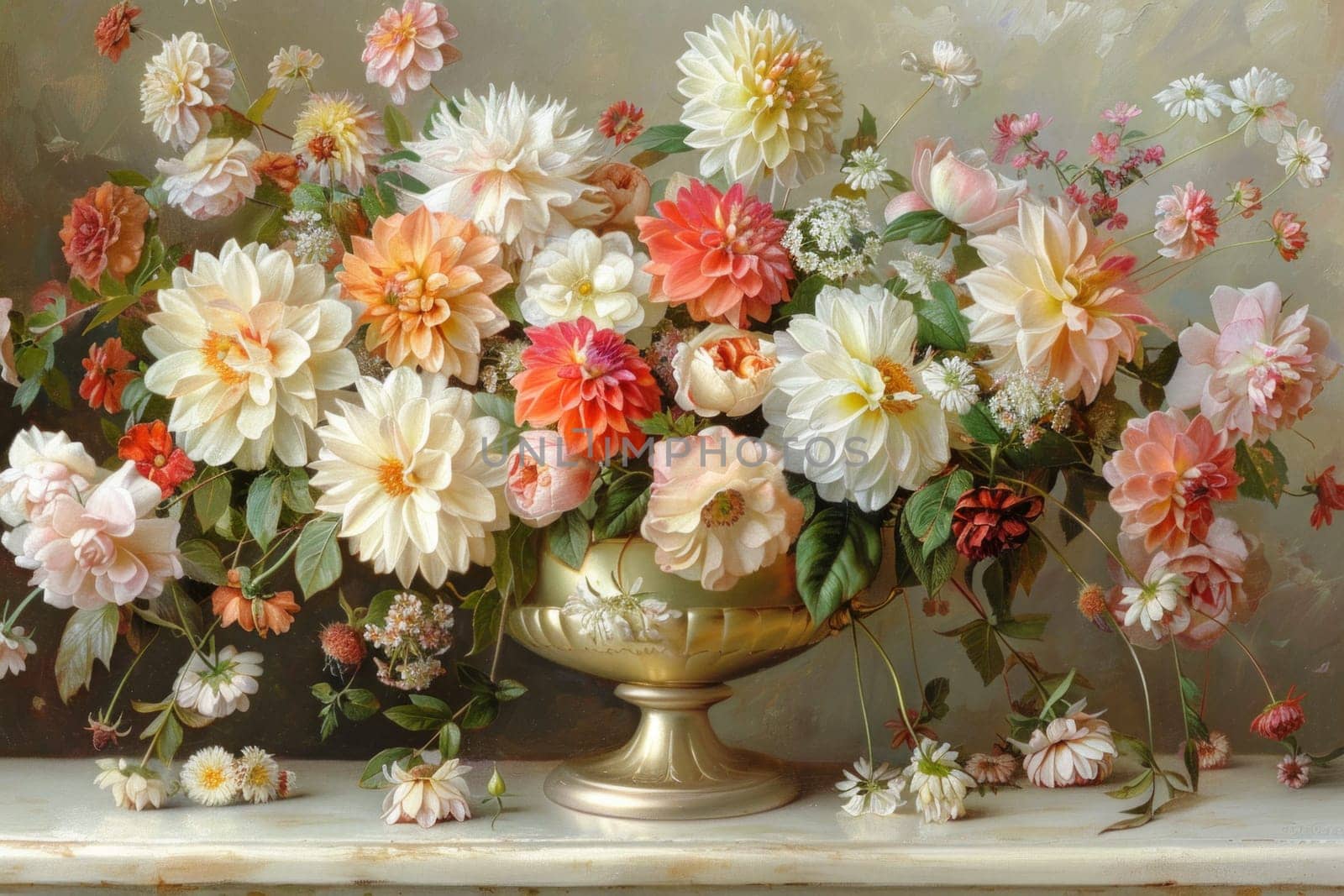 A beautifully detailed painting featuring vibrant flowers in a gold vase resting on a marble table.