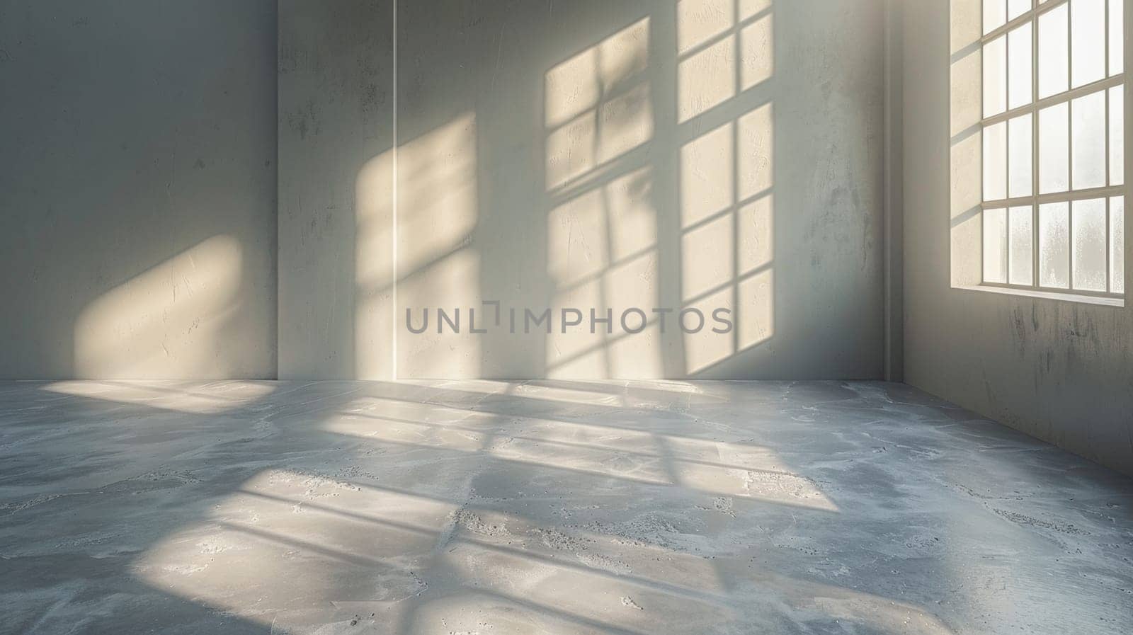 A room with a large window and some sunlight coming in