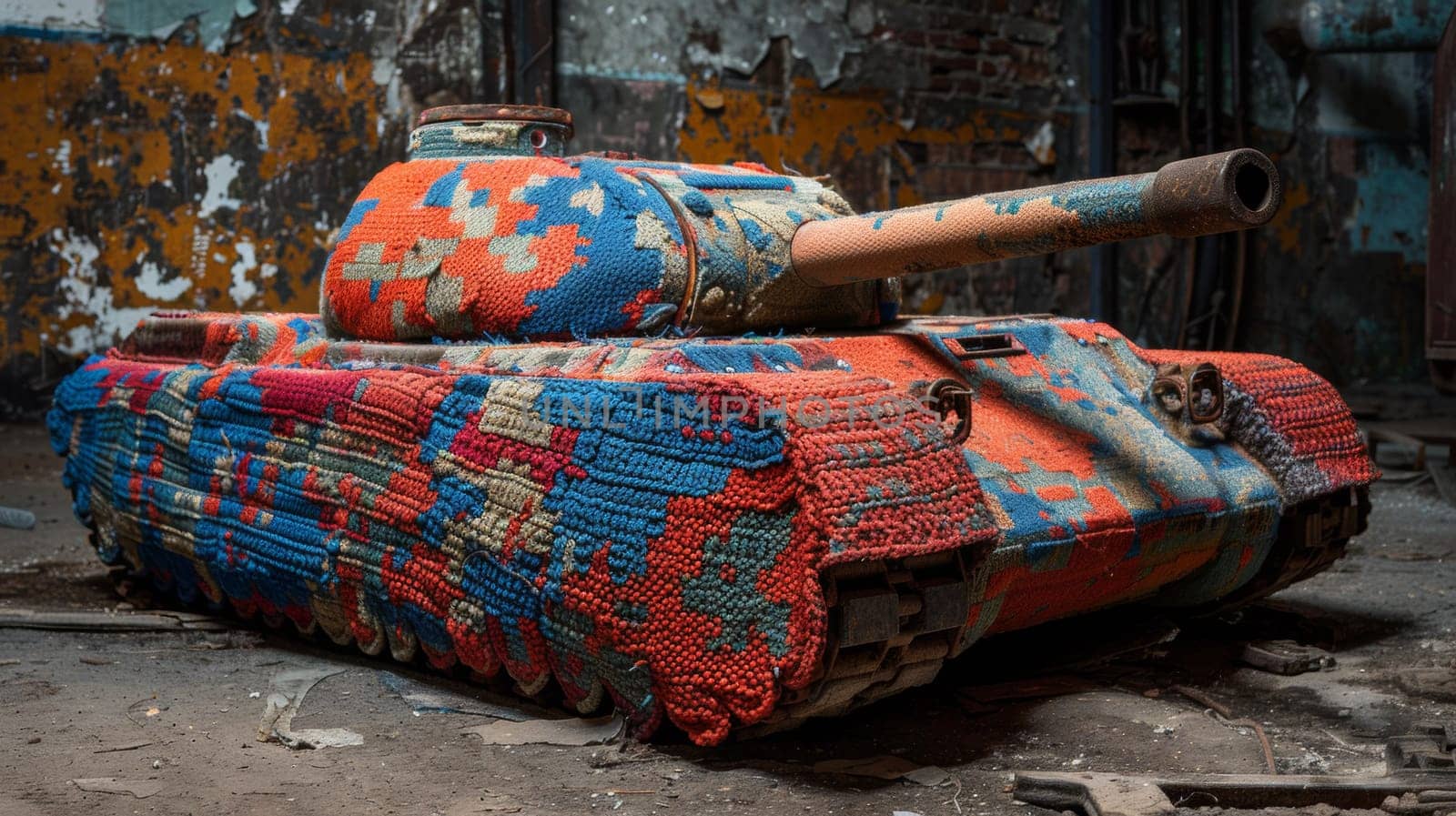 A tank covered in a colorful blanket sits on the floor