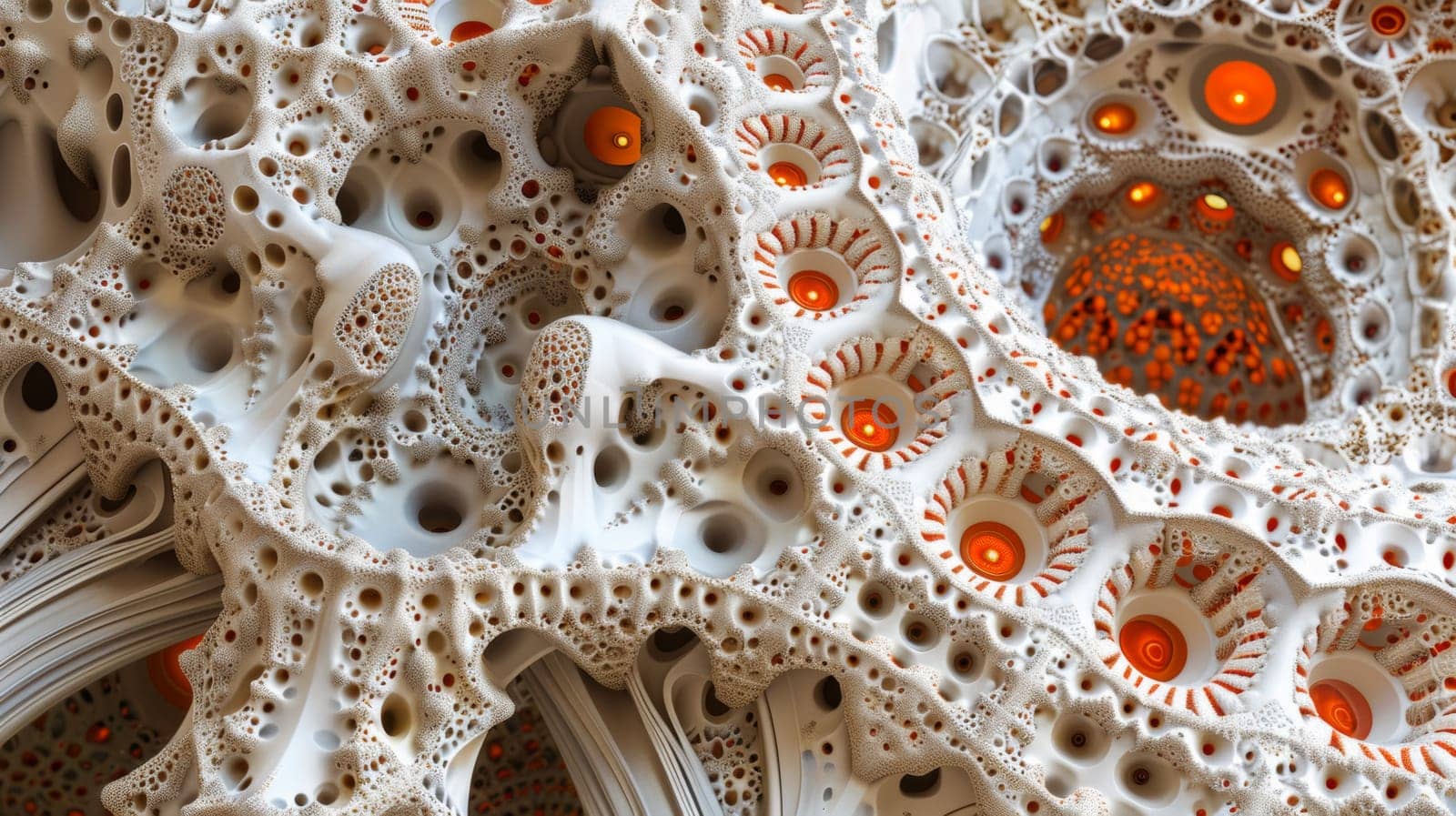 A close up of a white and orange patterned wall with holes