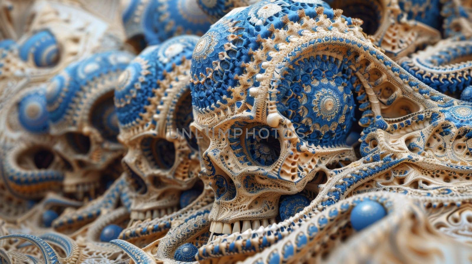 A close up of a bunch of skulls made out of blue and white