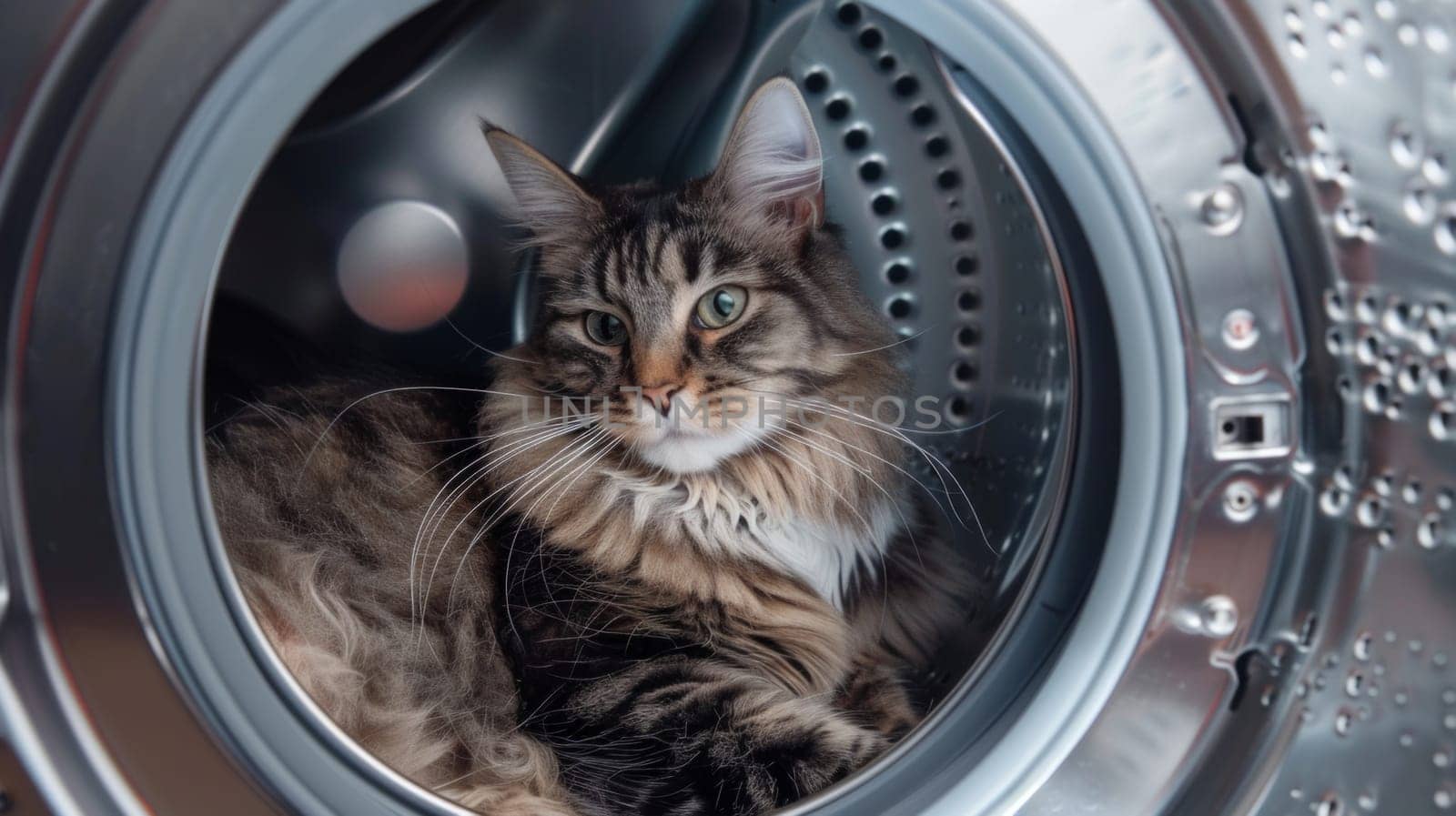 A fluffy cat comfortably nestled inside the drum of a washing machine, looking out curiously at its surroundings.