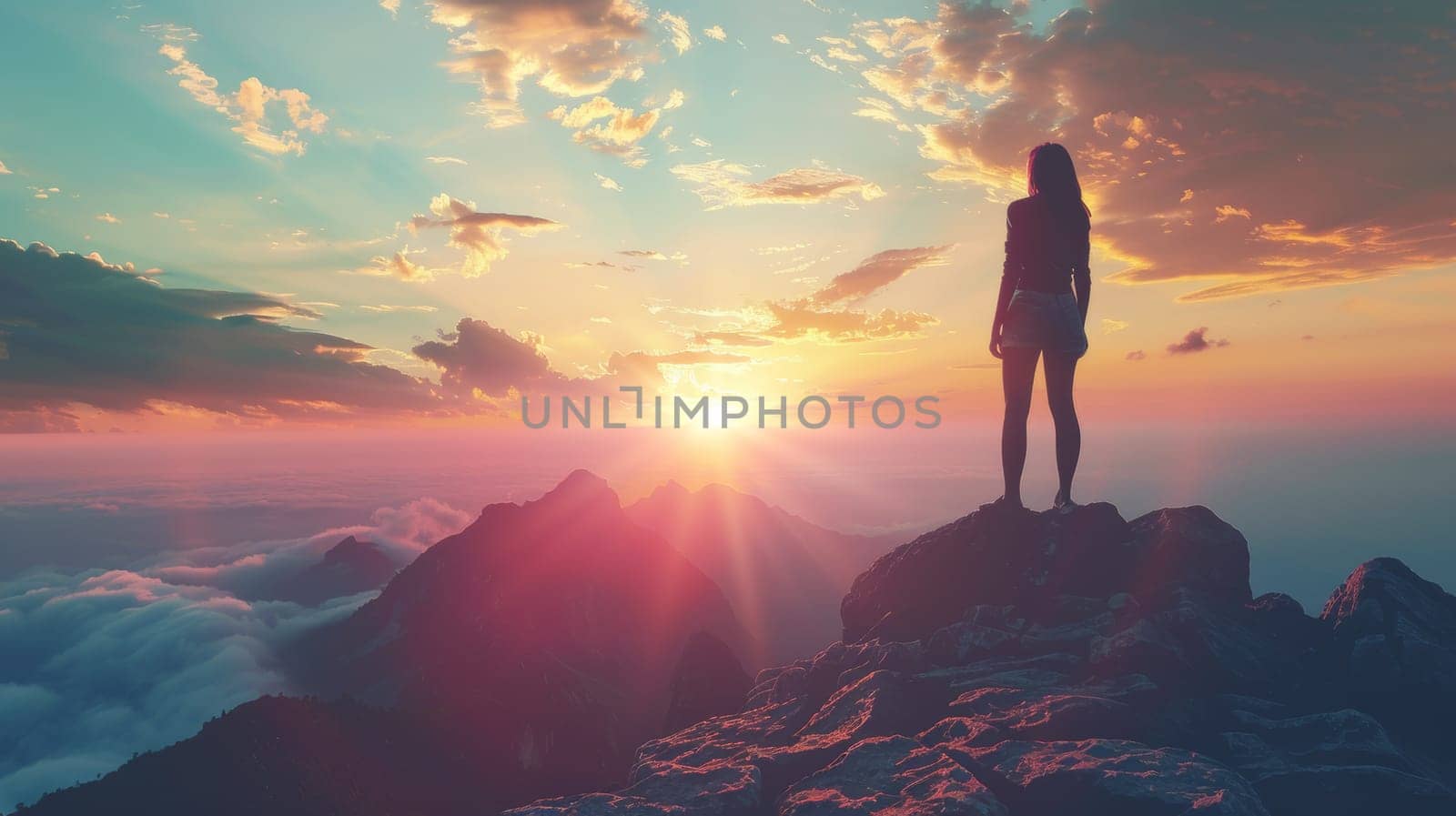 A woman standing on top of a mountain looking at the sunset
