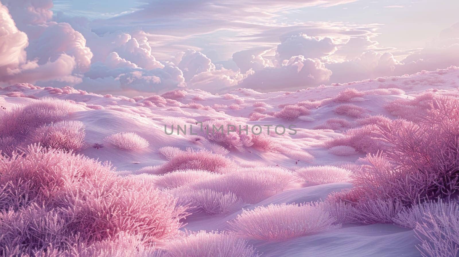 A serene landscape featuring vibrant pink plants swaying gracefully under a sky filled with fluffy clouds.