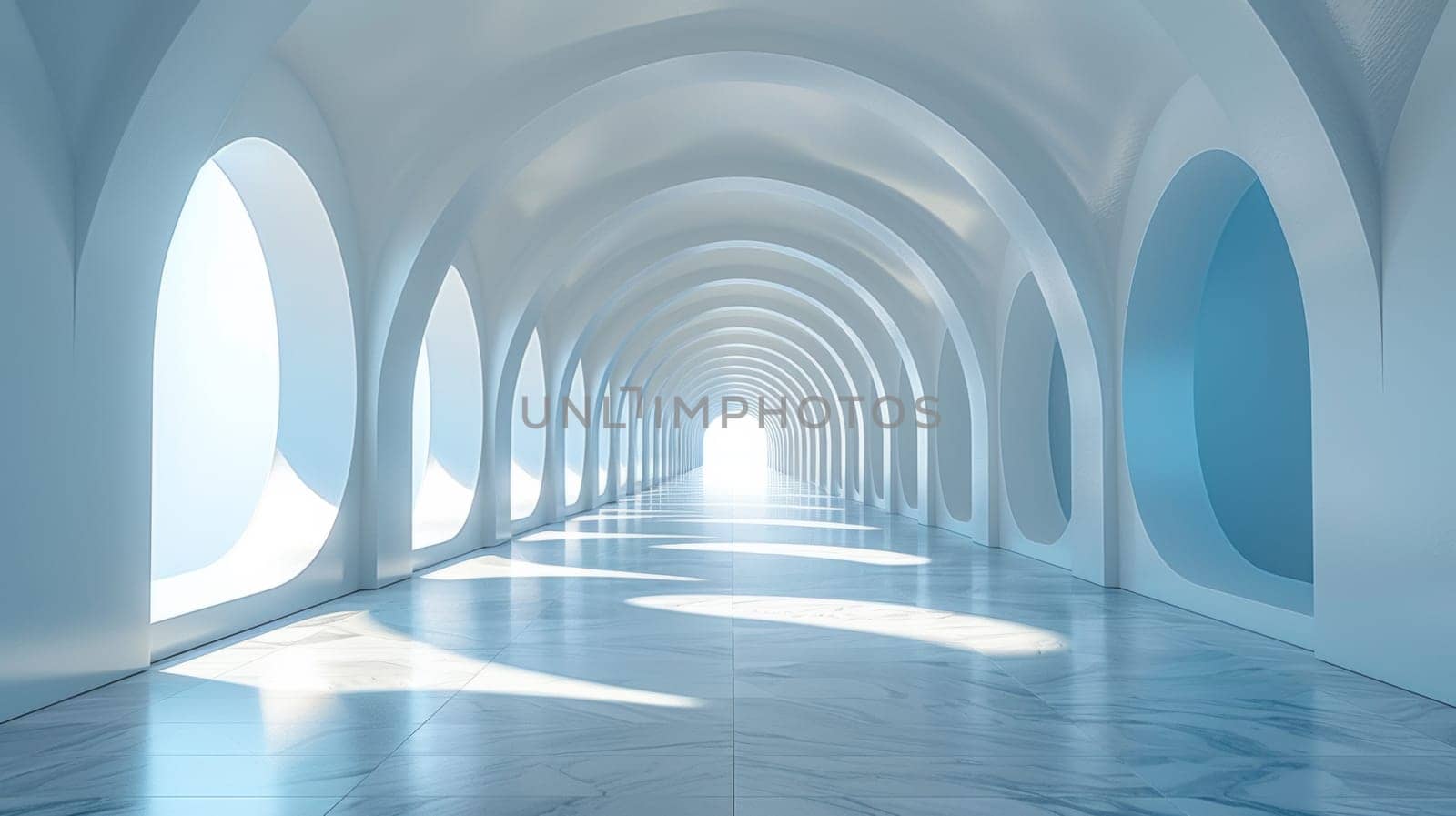 A long white tunnel with arched windows and a light coming through