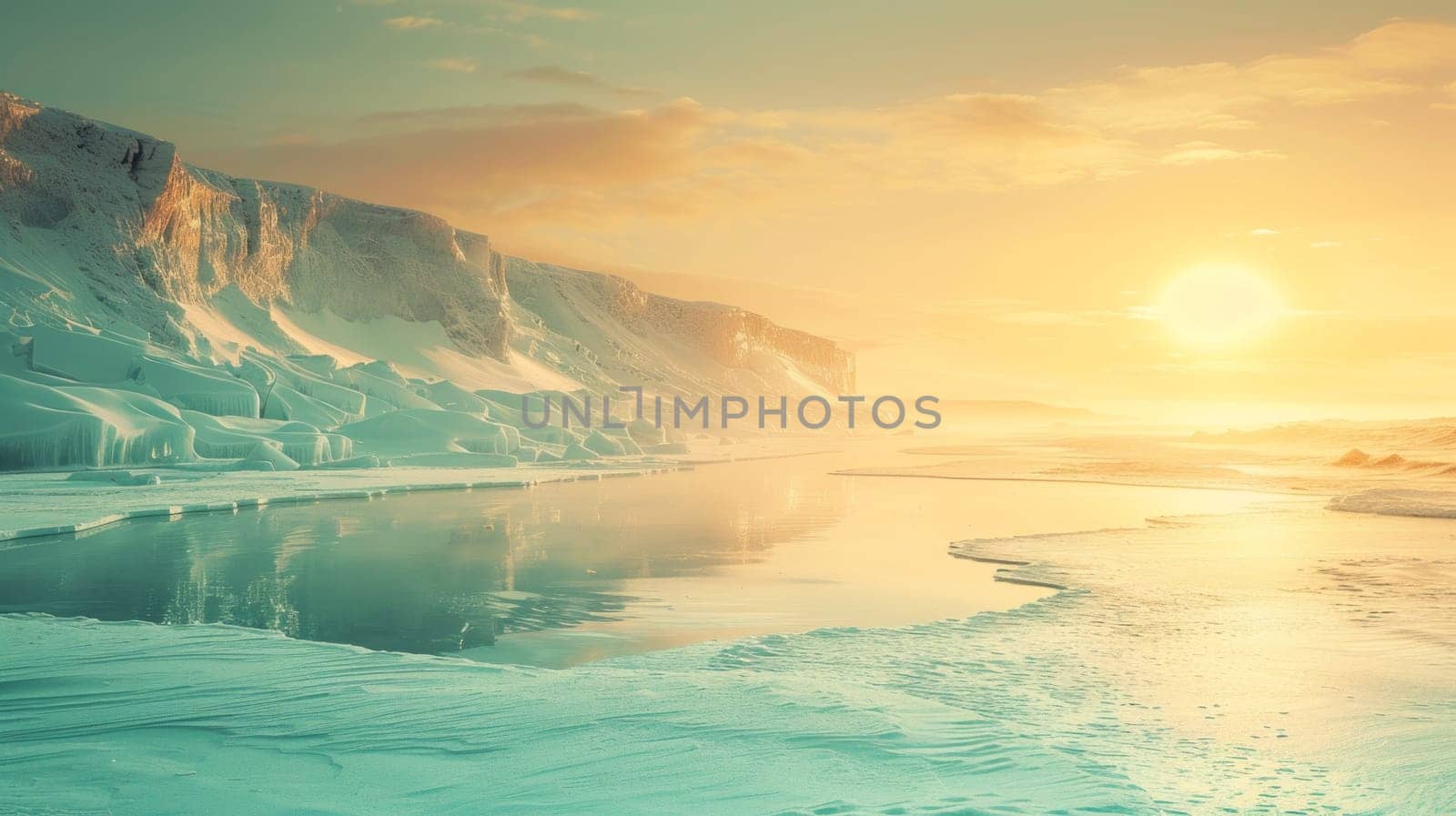 As the sun slowly dips below the horizon, its warm golden rays cast a magical glow over the icy mountains, creating a breathtaking scene of natures beauty by but_photo
