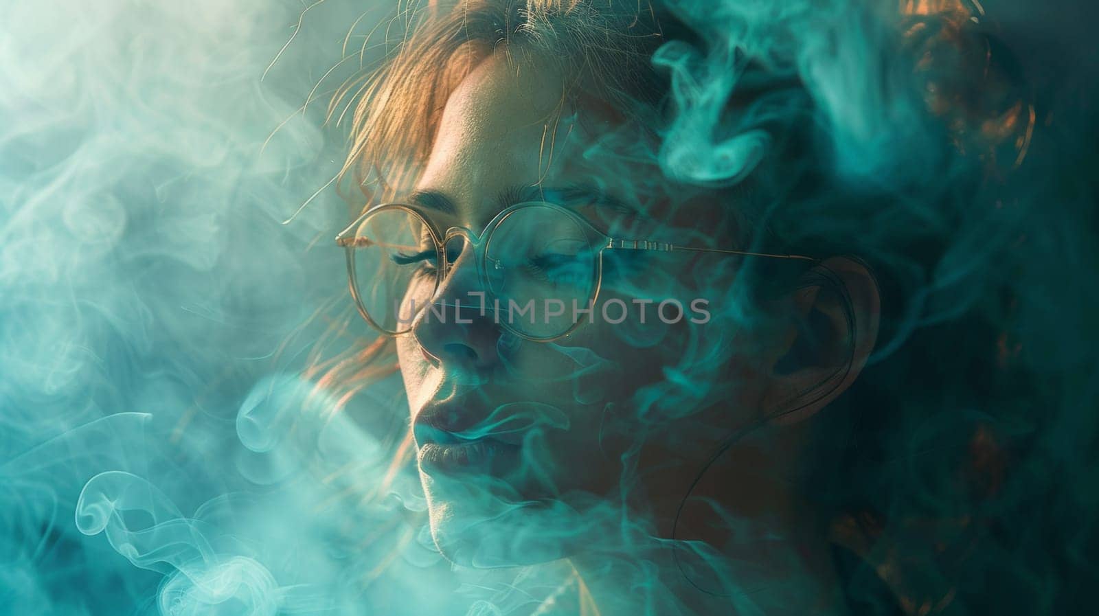 A woman with glasses and smoke in her face