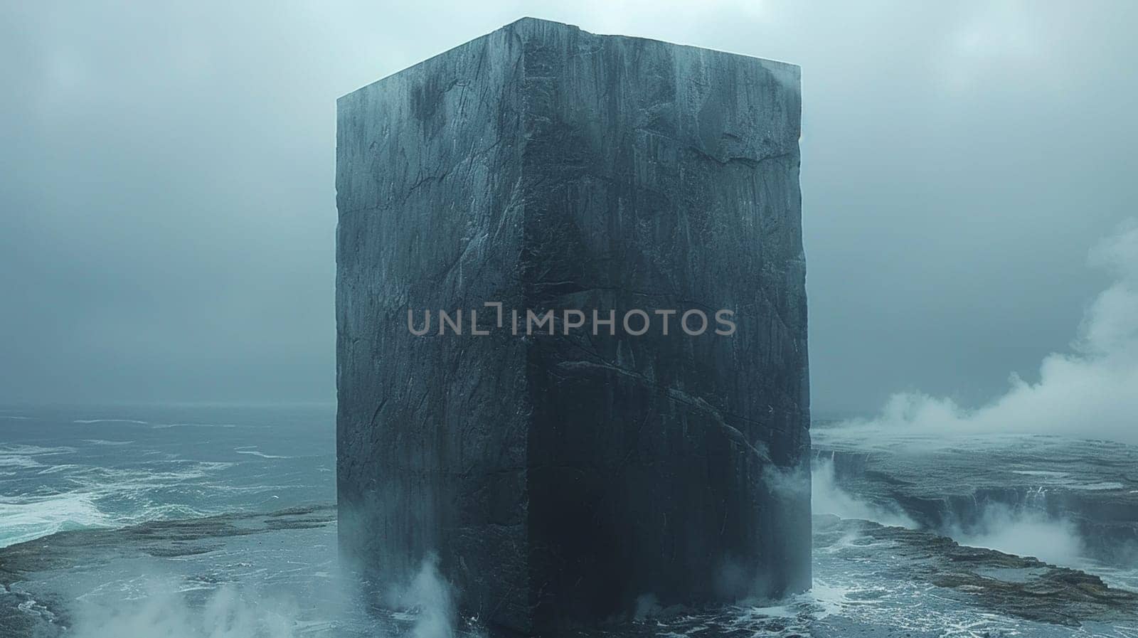 A large black rock sitting in the middle of a body of water