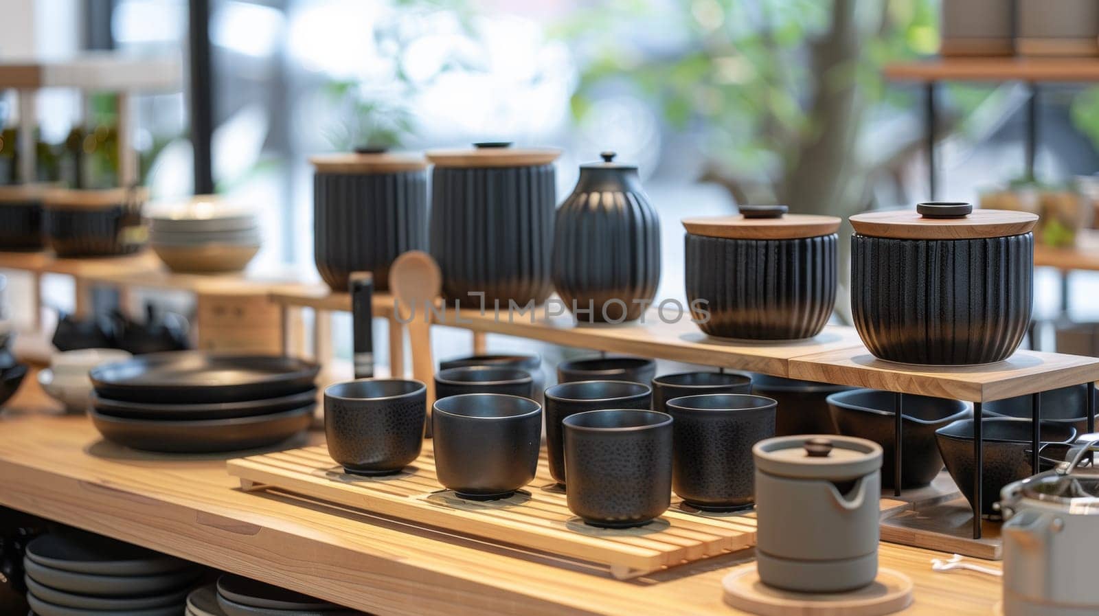 A wooden shelf with many cups and bowls on it