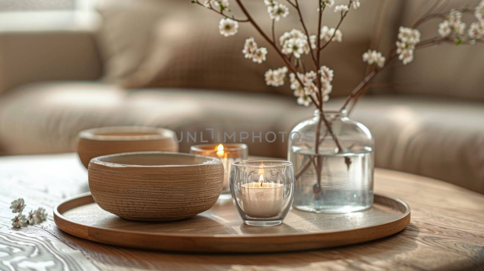A wooden tray with two vases and a candle on it