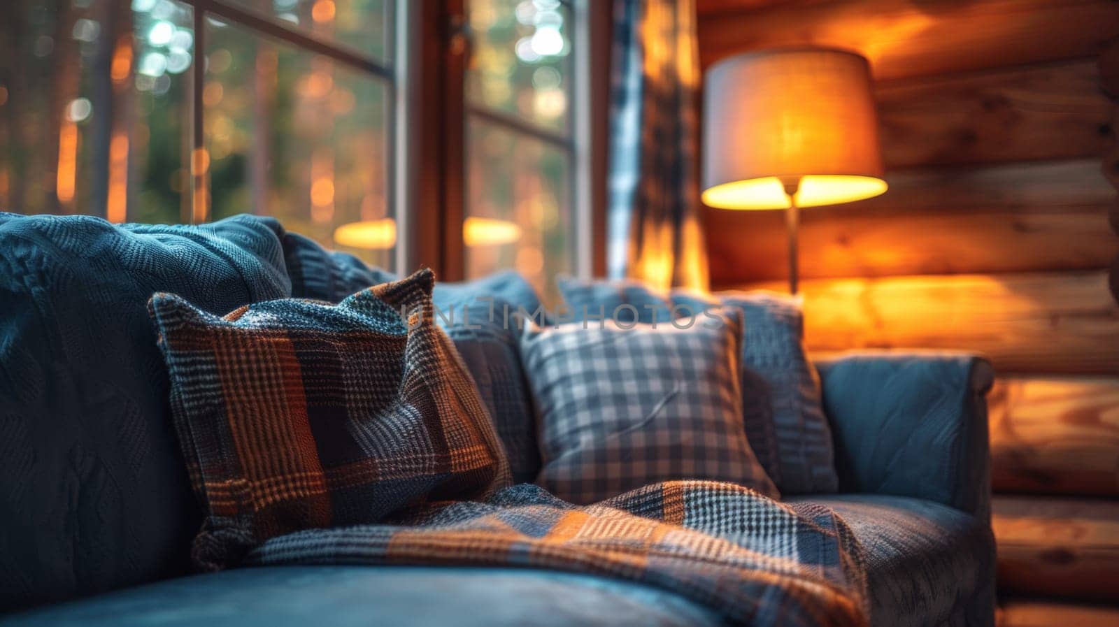 A couch with a blue blanket and pillows sitting in front of the window
