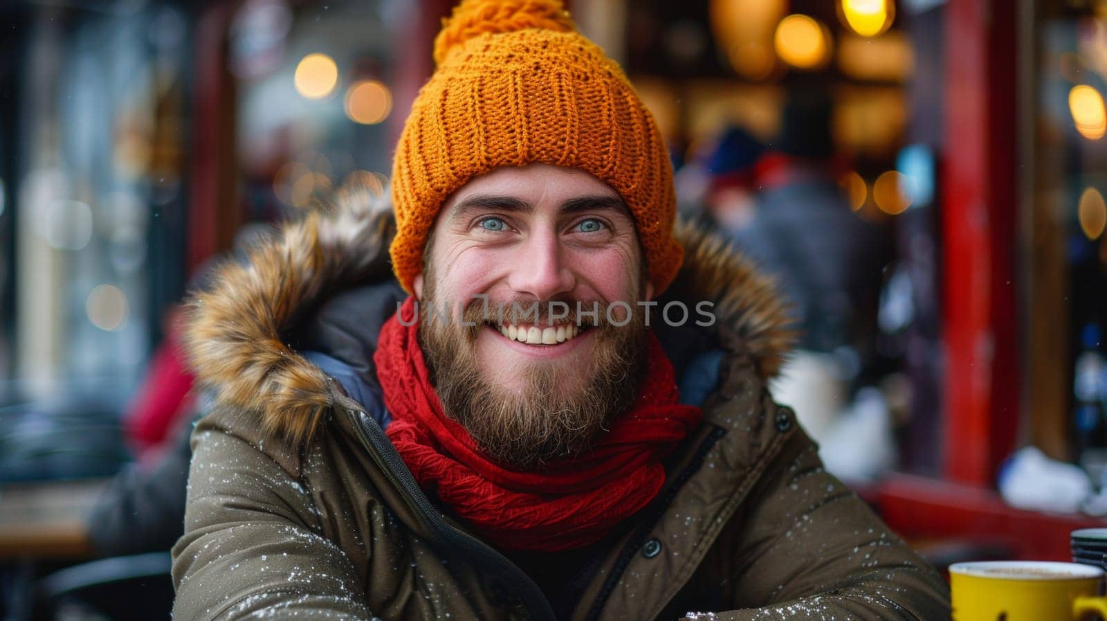 A man with a beard and hat sitting at table in cafe