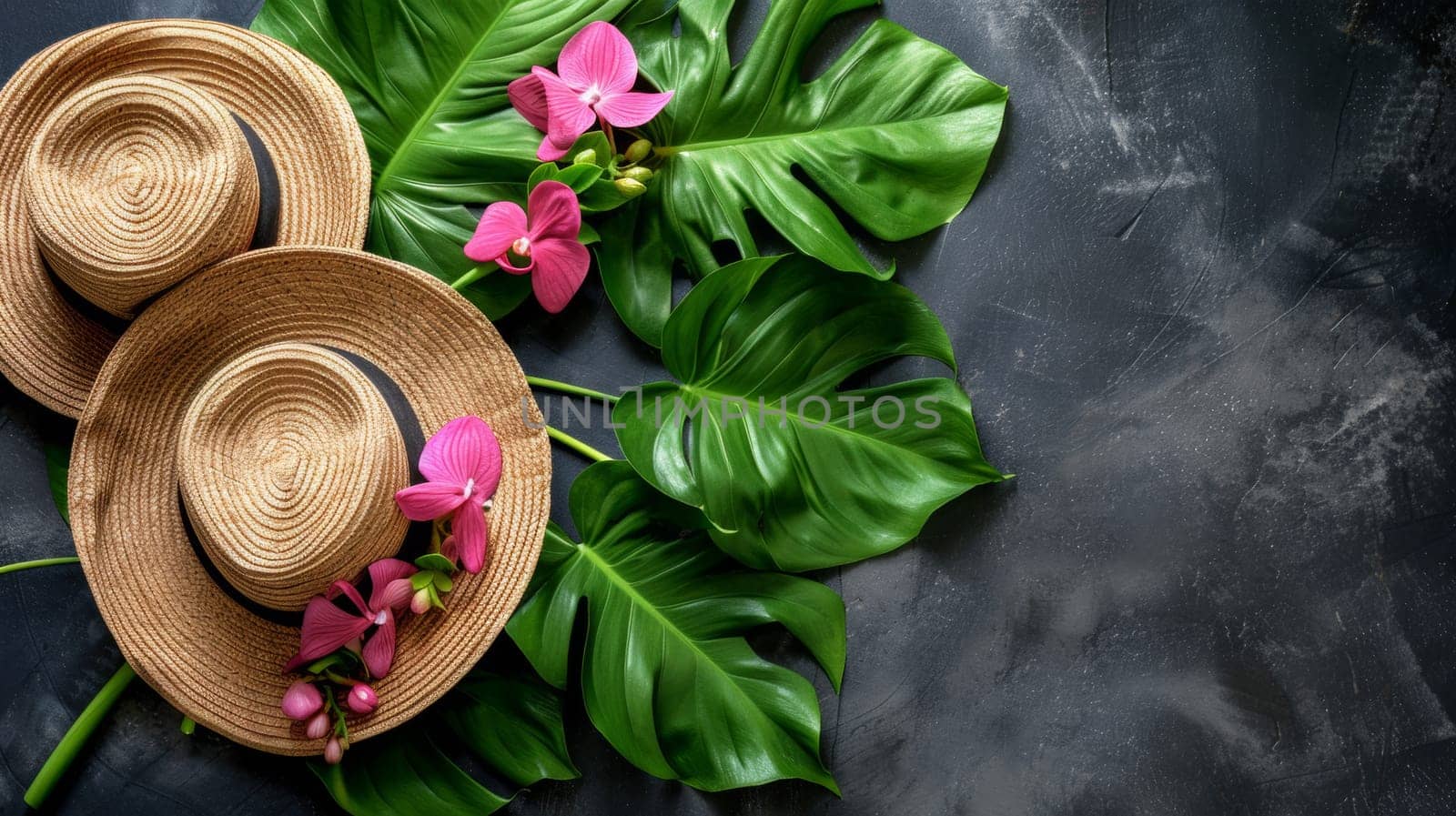 Two straw hats and pink flowers on a black background