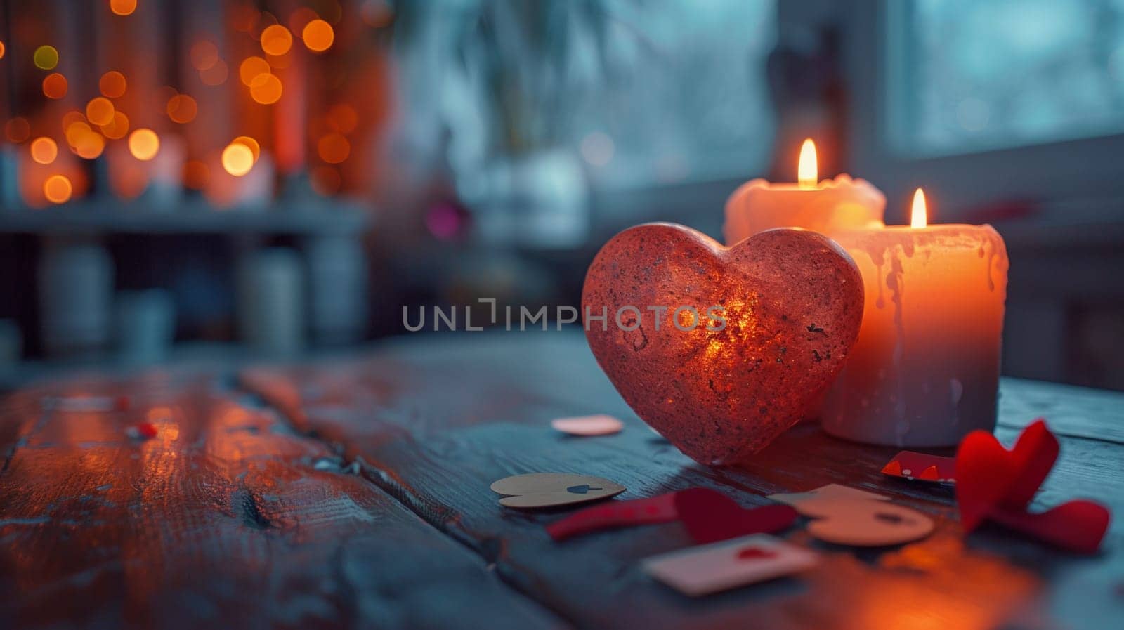 A couple of candles and a heart shaped rock on top of wood table