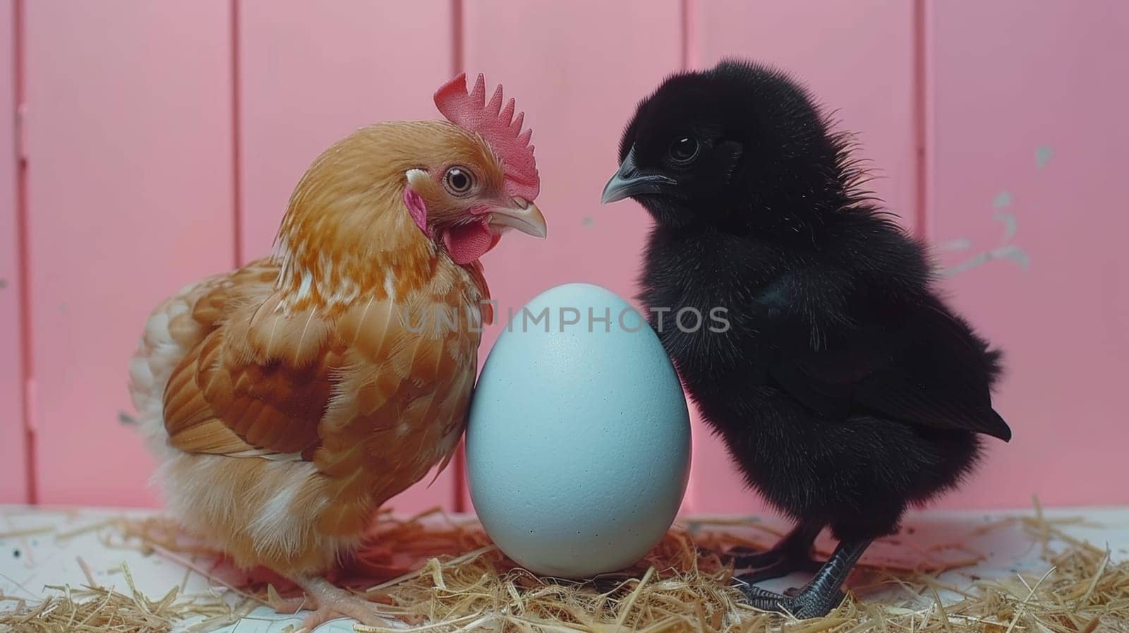 Two chickens standing next to each other near a blue egg