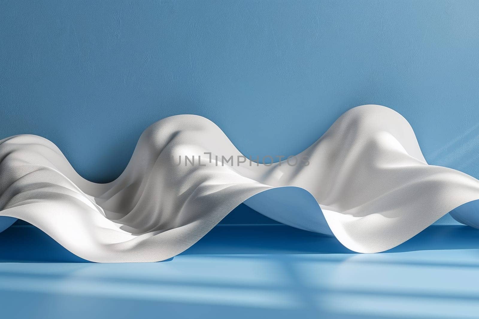 A white fabric is sitting on a blue surface with some light coming through