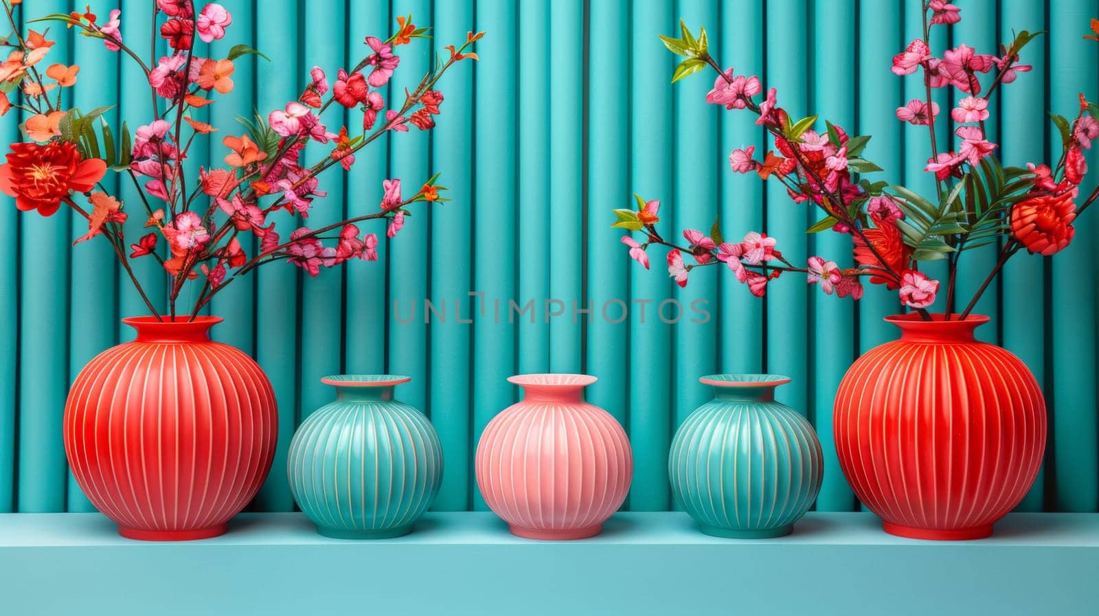 A group of three vases with flowers in them on a blue wall