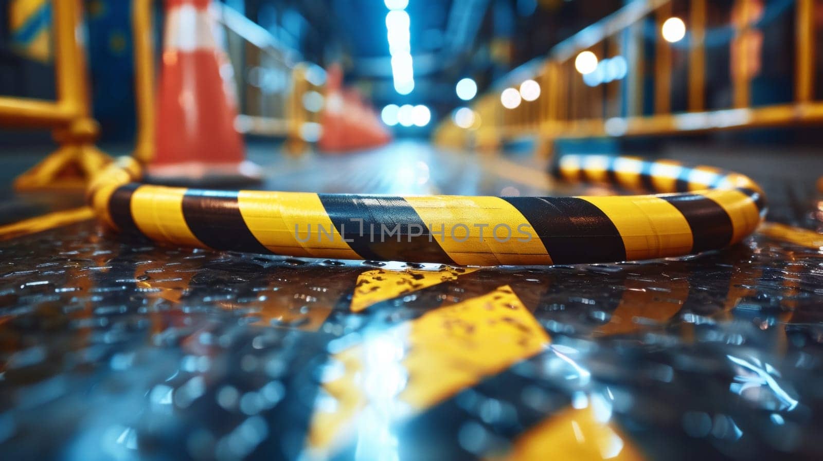 A close up of a yellow and black striped road hazard