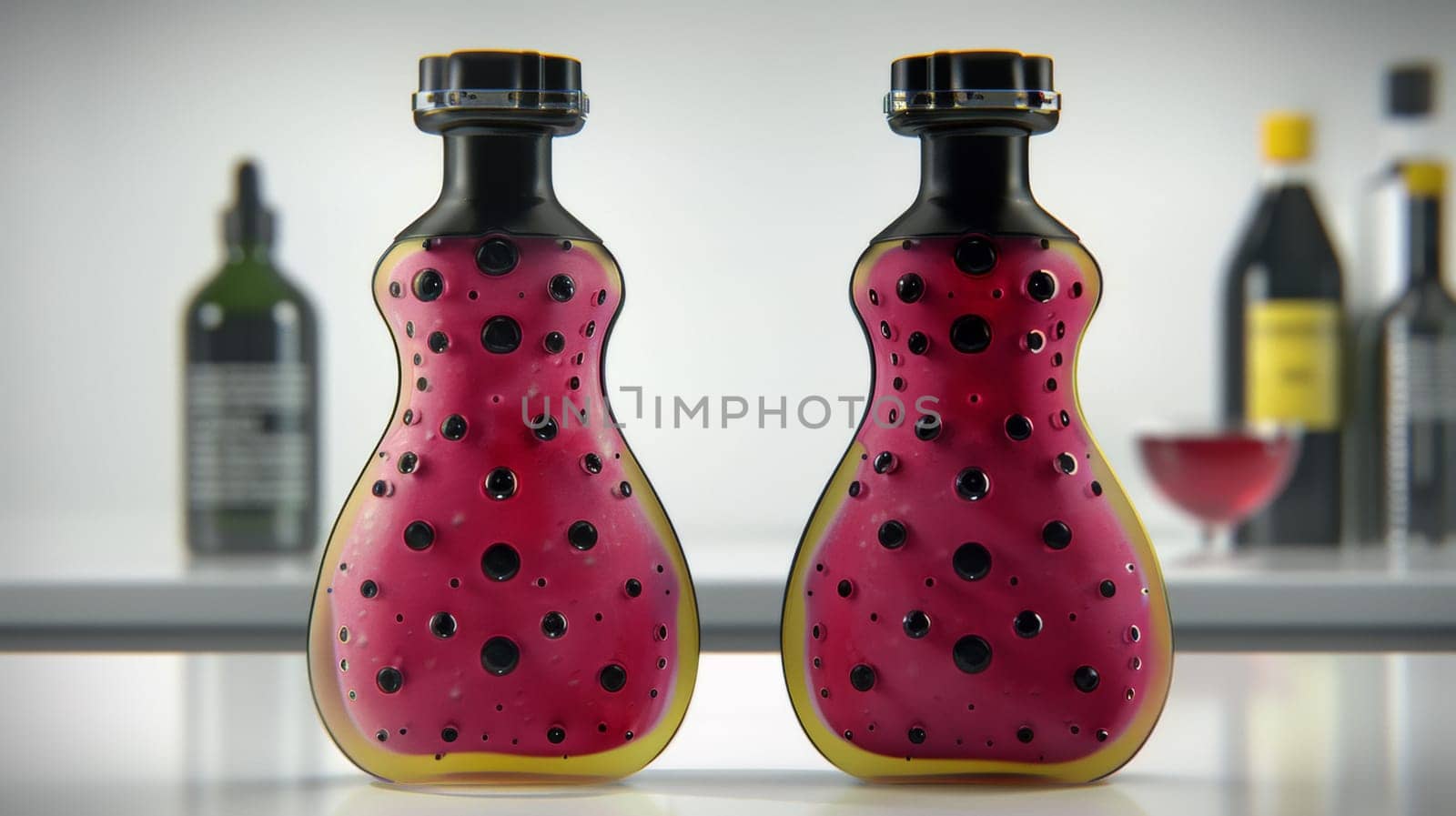 Two bottles of wine with watermelon designs on them sitting next to a bottle