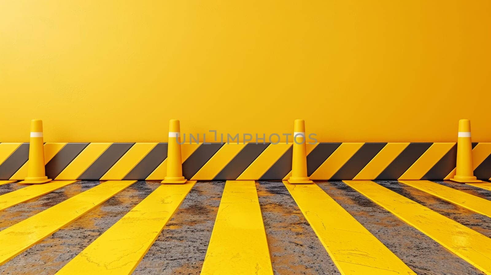 A yellow and black striped wall with a line of traffic cones