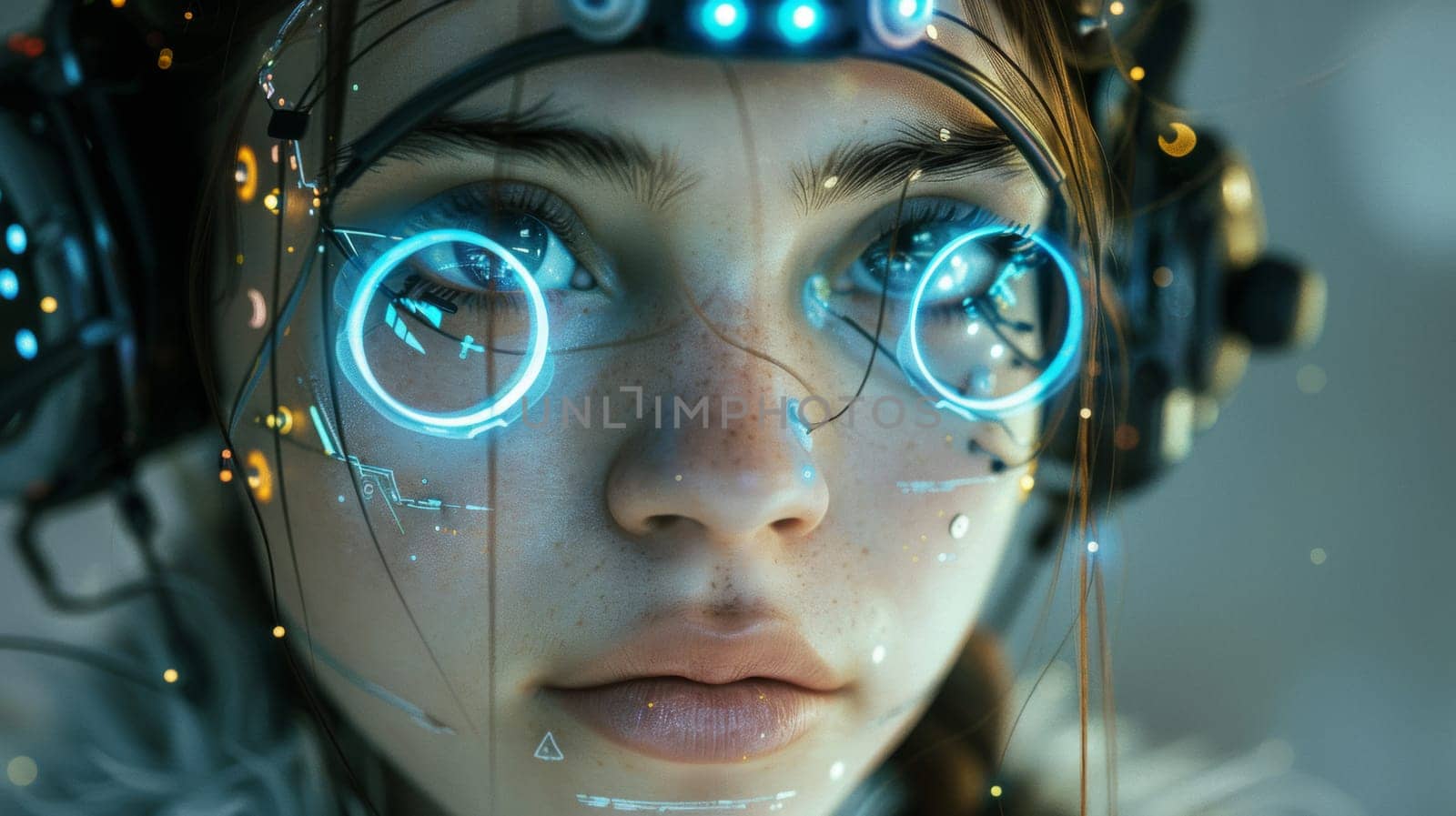 A woman with glowing eyes and headphones on her head