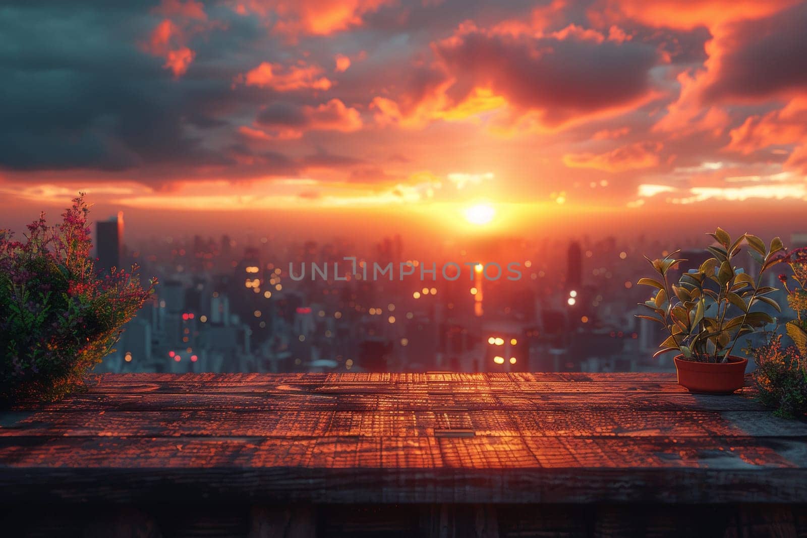 A view of a sunset over the city skyline with potted plants