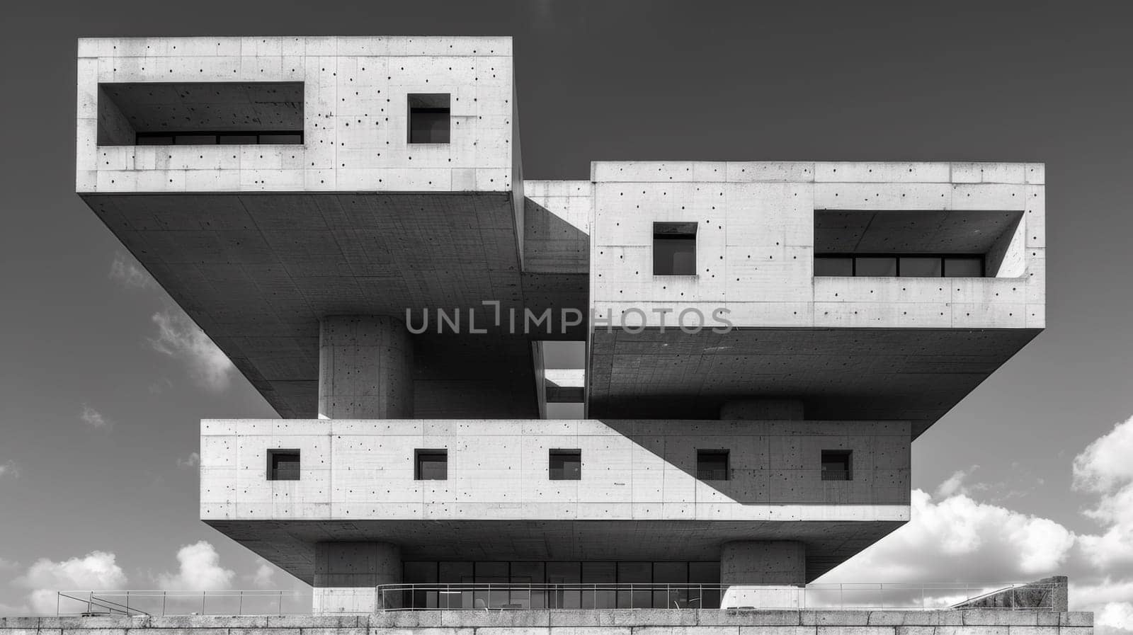 A black and white photo of a building with multiple levels