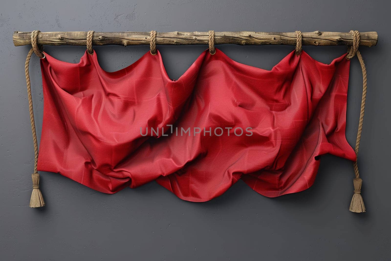 A red cloth hanging from a wooden frame with tassels