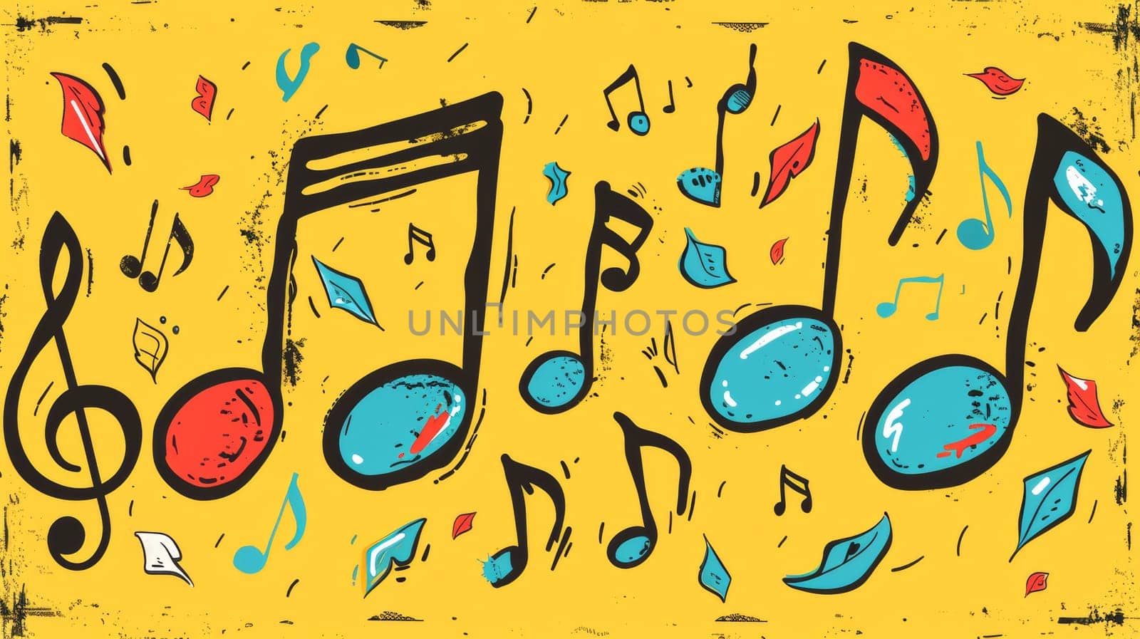 A drawing of musical notes and music symbols on a yellow background