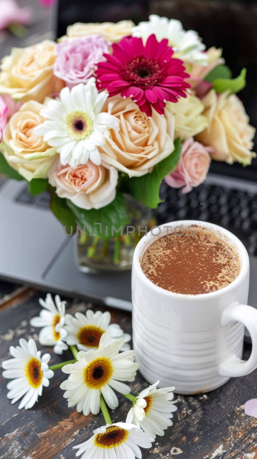 A cup of coffee and flowers on a laptop next to each other