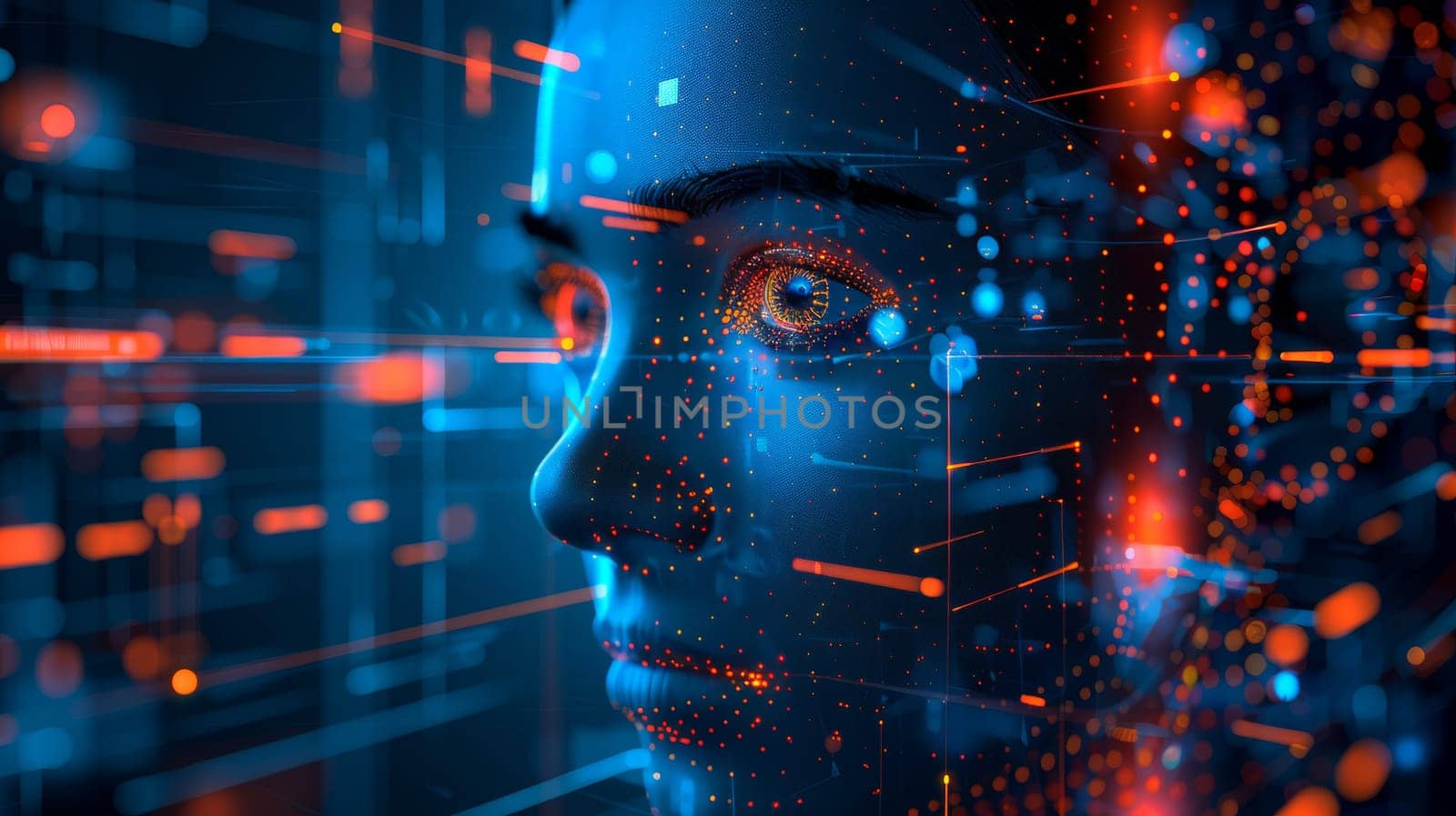 A woman's face is surrounded by a network of dots