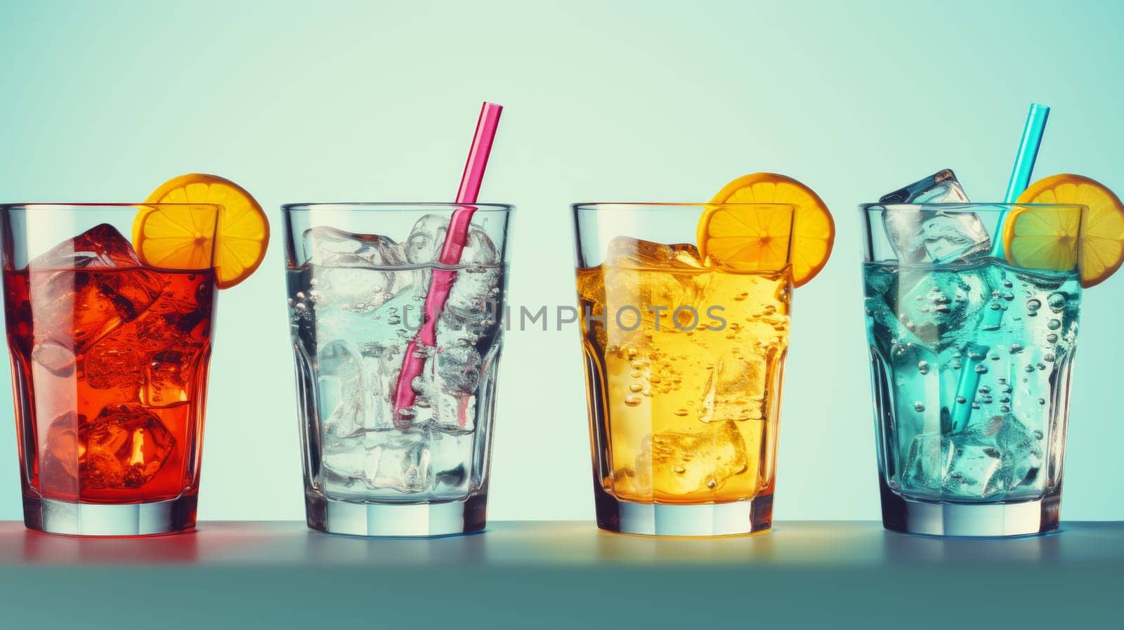 Three glasses of different colored drinks with ice and a straw