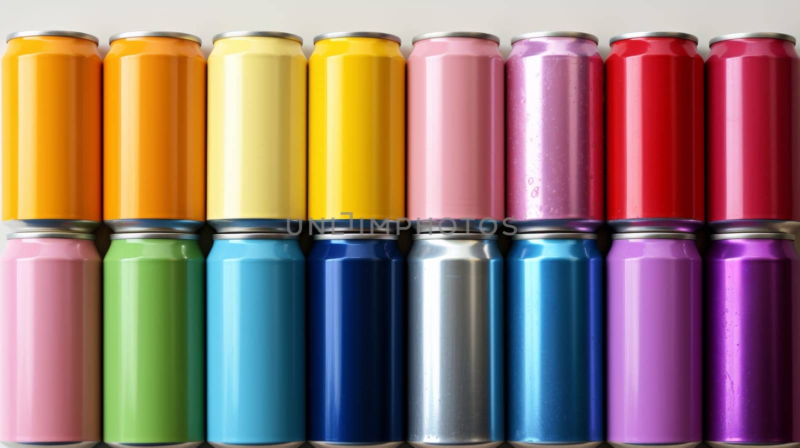 A row of twelve cans in different colors lined up on a table