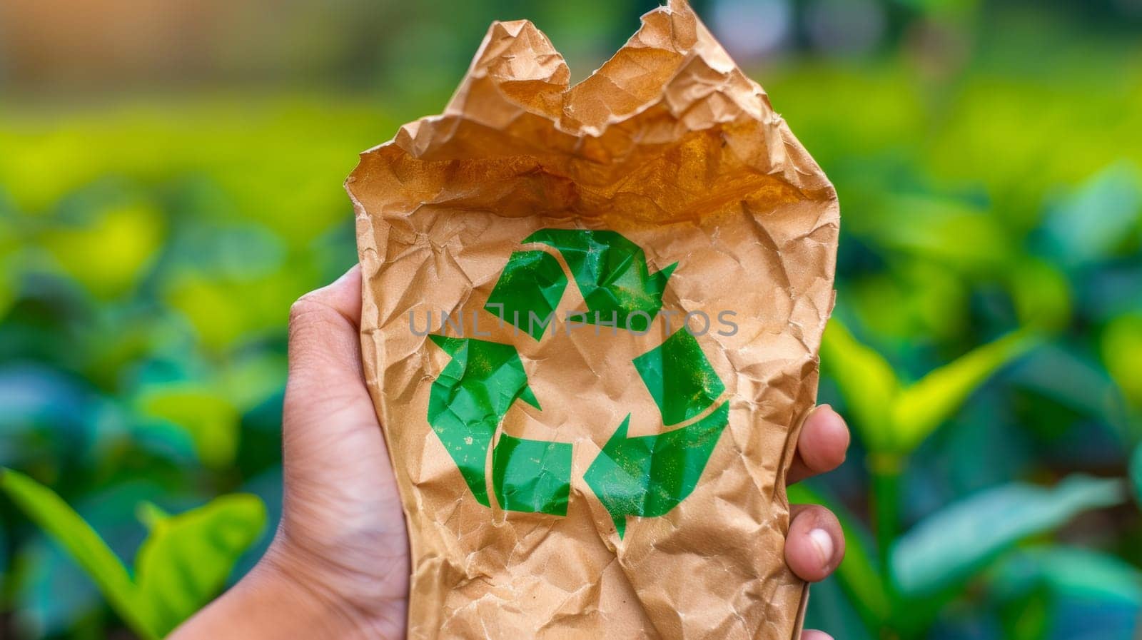 A person holding a paper bag with the recycling symbol on it