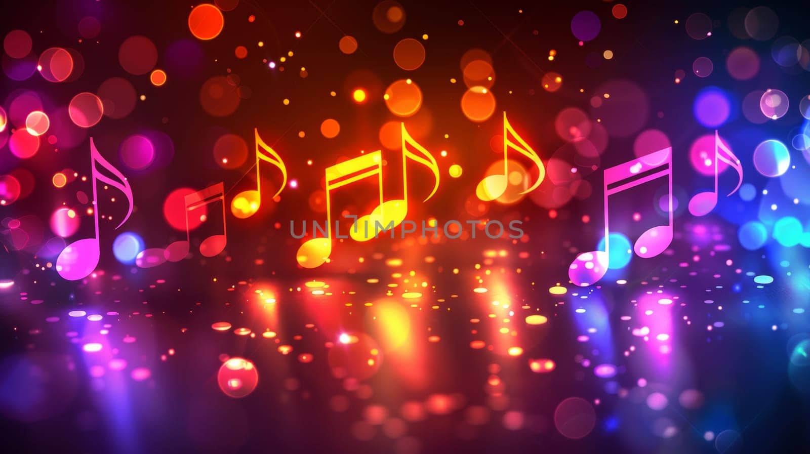 A colorful background with musical notes and lights