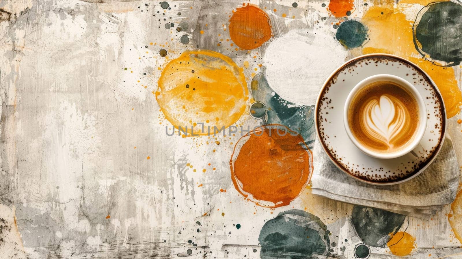 A cup of coffee on a saucer with swirls and dots