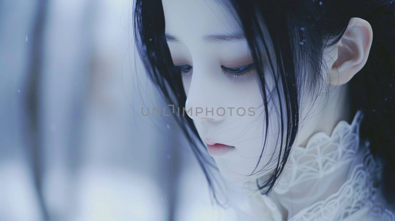 A close up of a woman with long hair and white dress