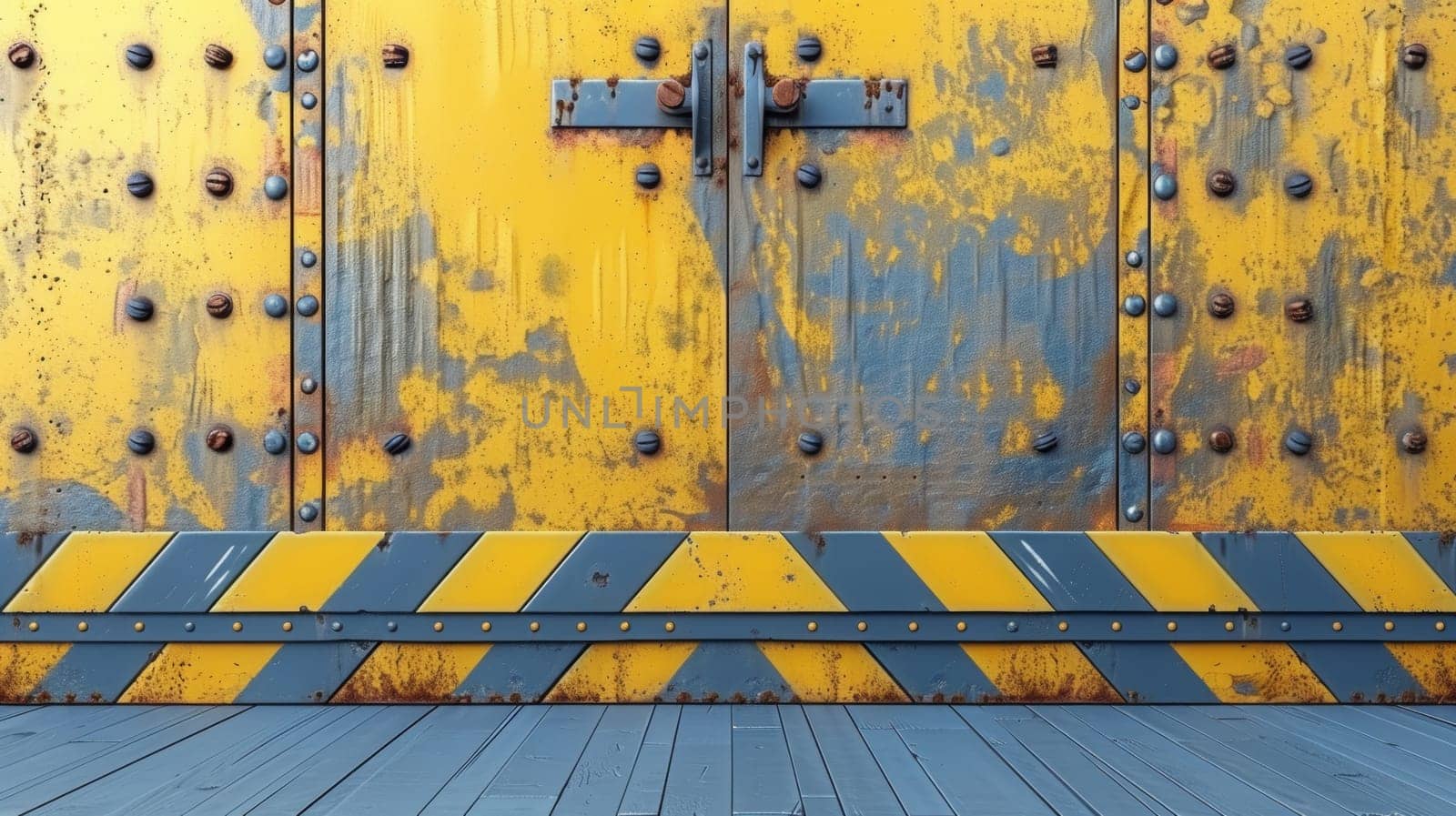 A yellow and blue striped door with rivets on it