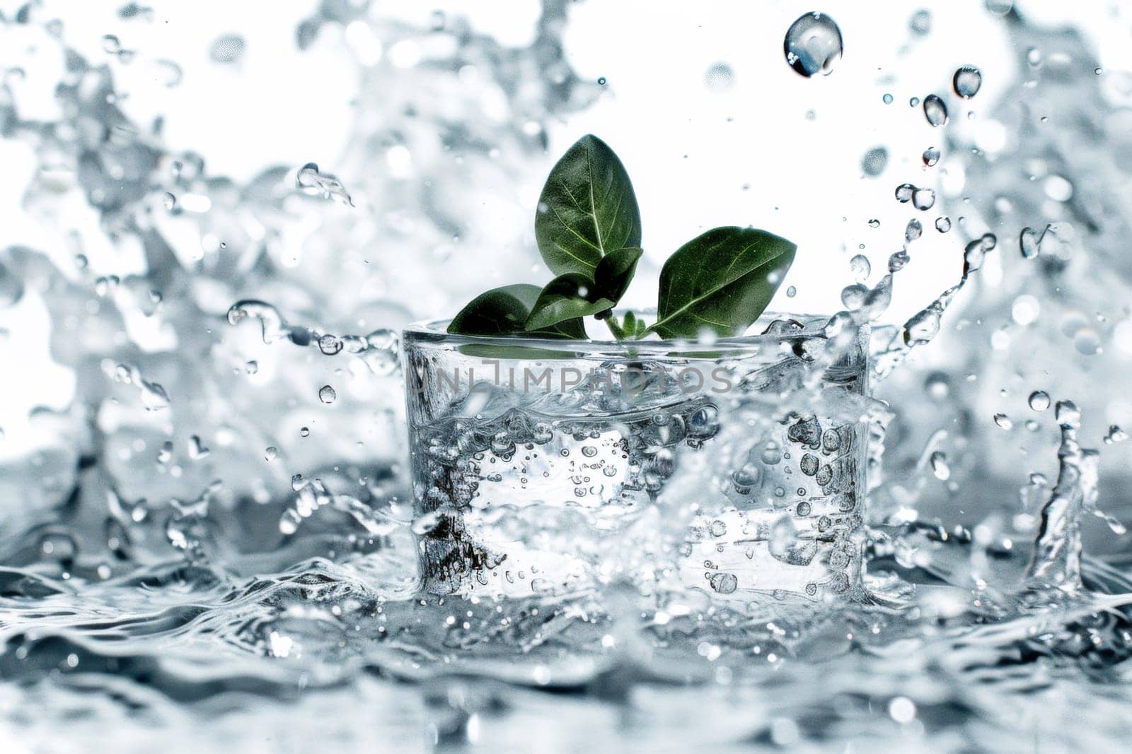 A small plant in a glass of water surrounded by splashing