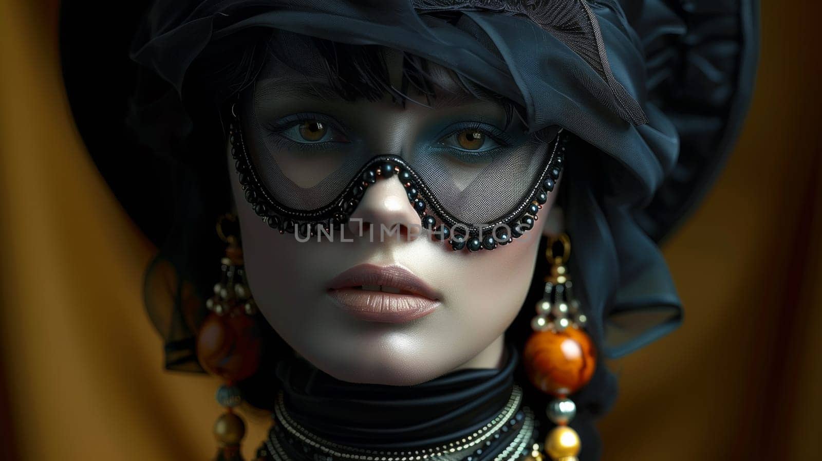 A woman wearing a mask and jewelry with her eyes closed