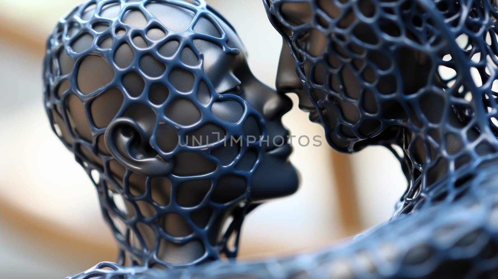A sculpture of two people kissing each other with a net