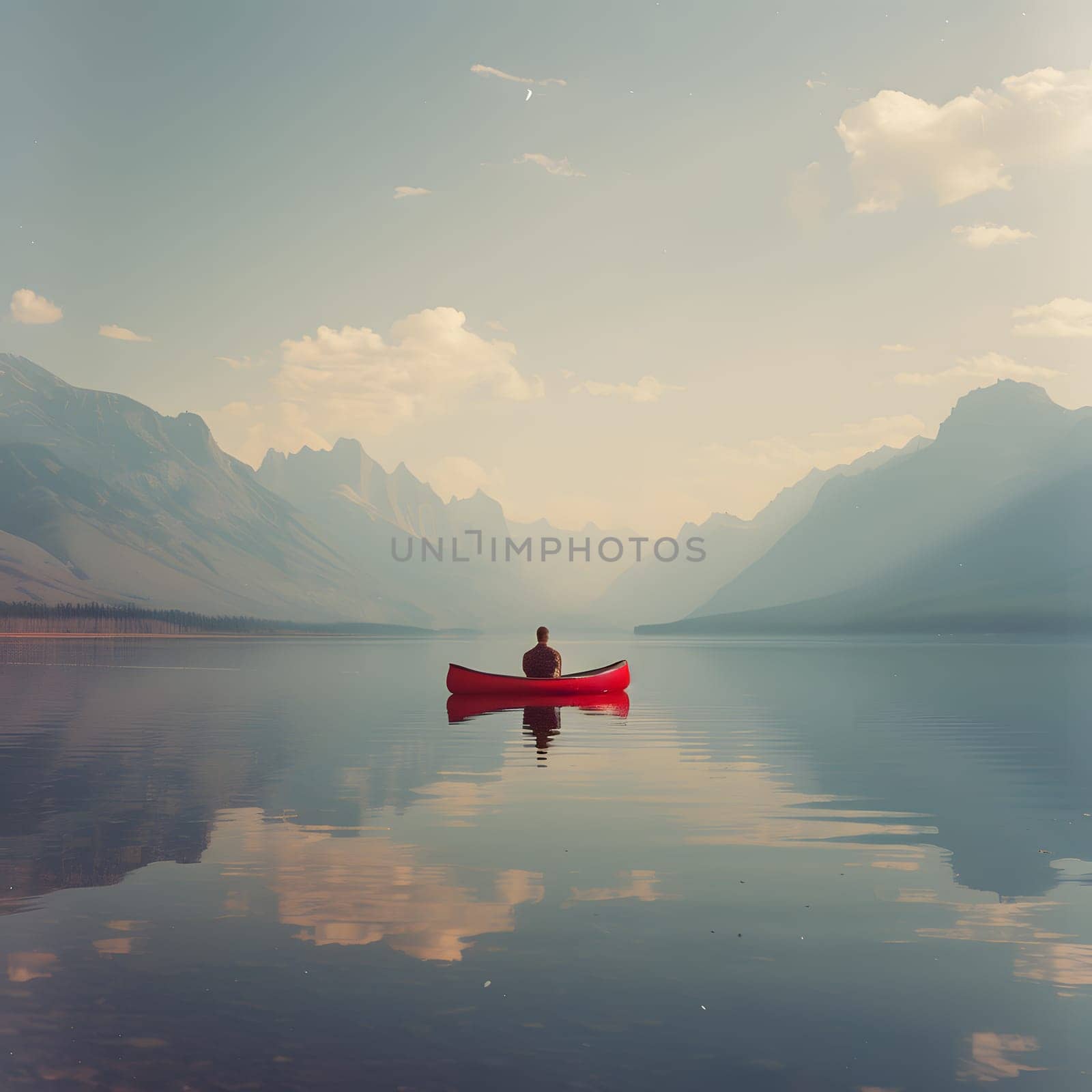 A person is enjoying outdoor recreation in a red canoe on a serene lake with majestic mountains in the background under a cloudy sky
